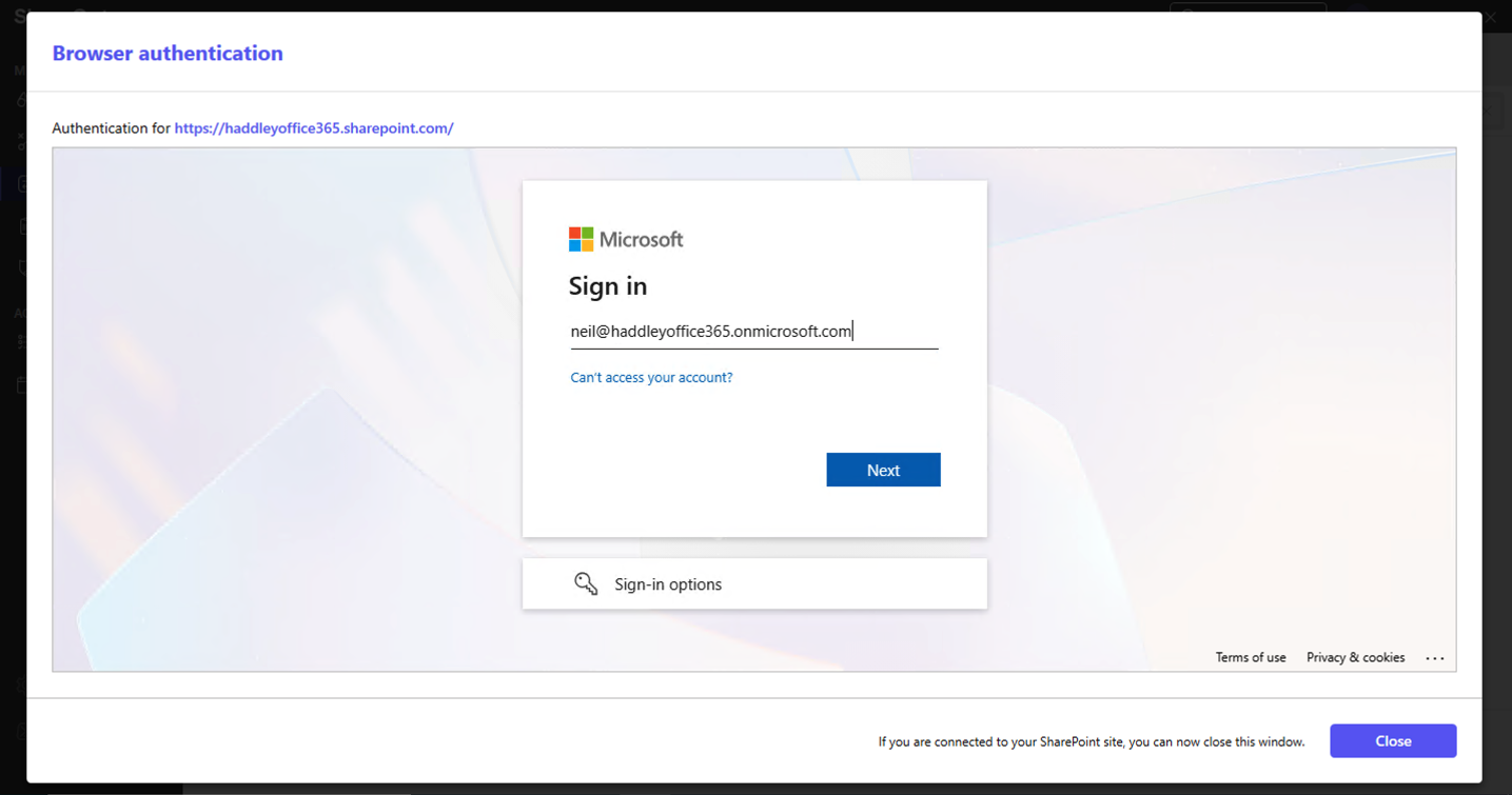 A browser authentication window opened asking me to sign in with neil@haddleyoffice365.onmicrosoft.com