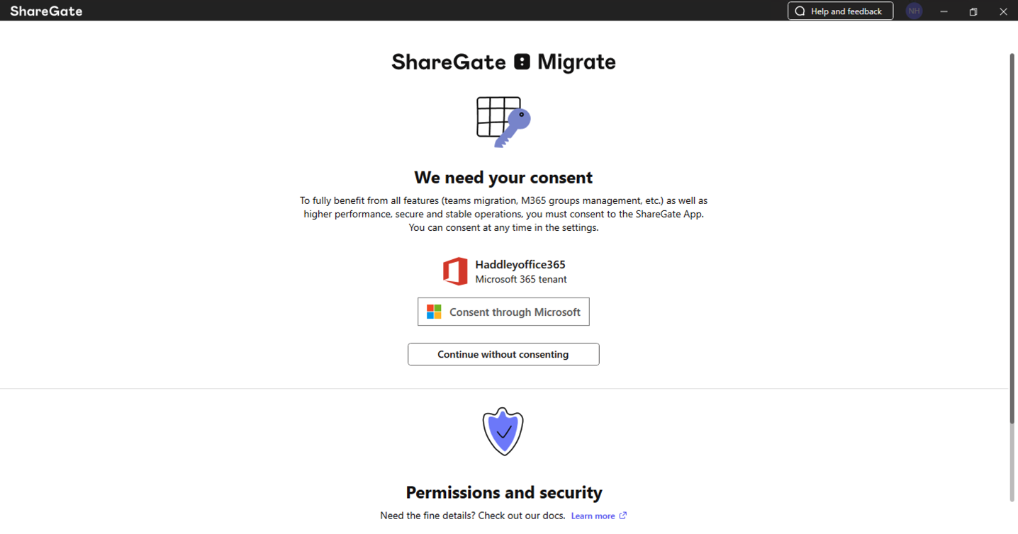 ShareGate asked for consent to access the Haddleyoffice365 Microsoft 365 tenant — I clicked "Consent through Microsoft"