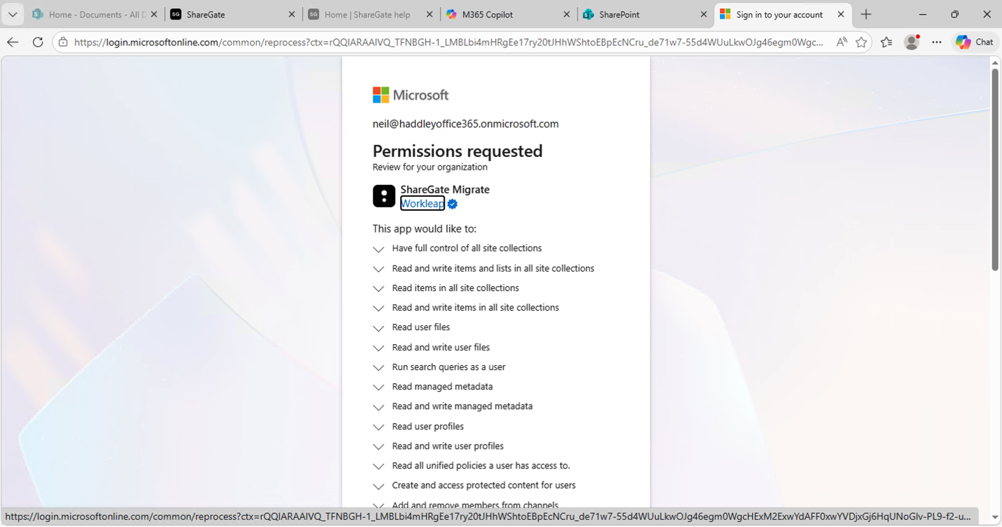 Microsoft showed the list of permissions requested by the ShareGate Migrate app for my organisation