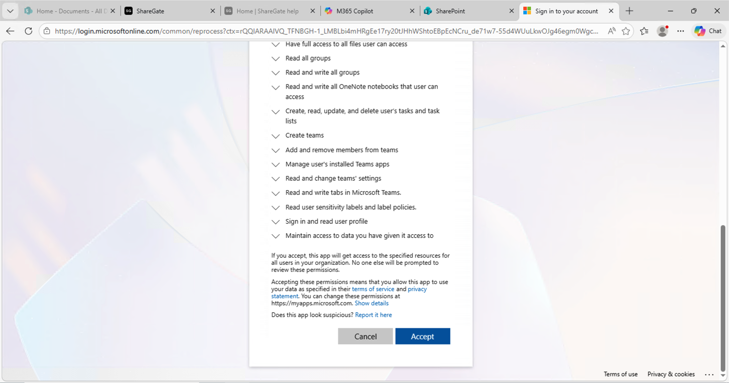 I reviewed the full permissions list and clicked Accept to grant the ShareGate app access
