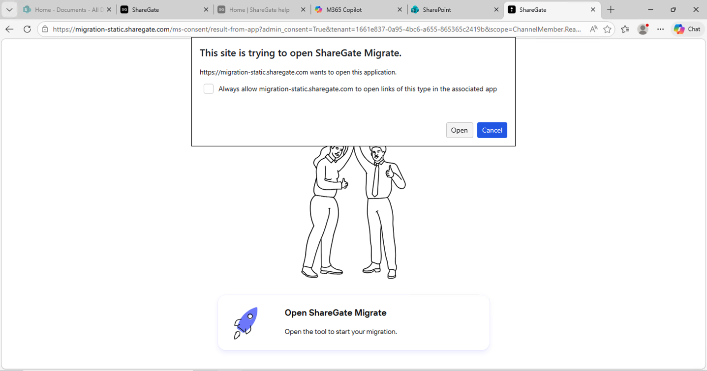 The browser prompted me to open ShareGate Migrate to complete the authentication callback — I clicked Open
