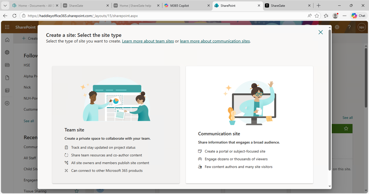I opened SharePoint Online to create a destination site, choosing between Team site and Communication site