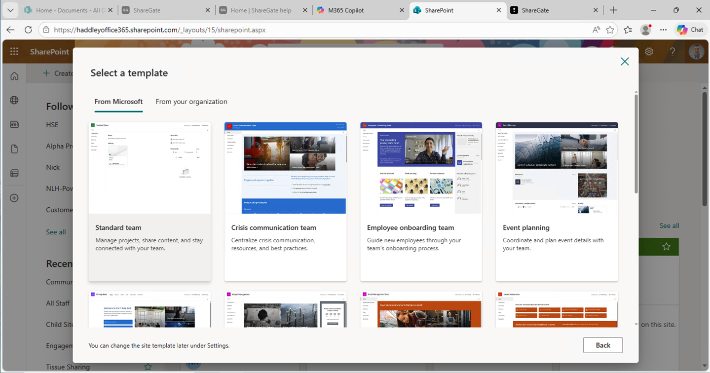 I chose the Standard team template for the new SharePoint Online site