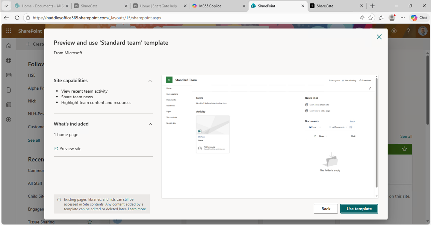 I previewed the Standard team template showing its site capabilities and what would be included