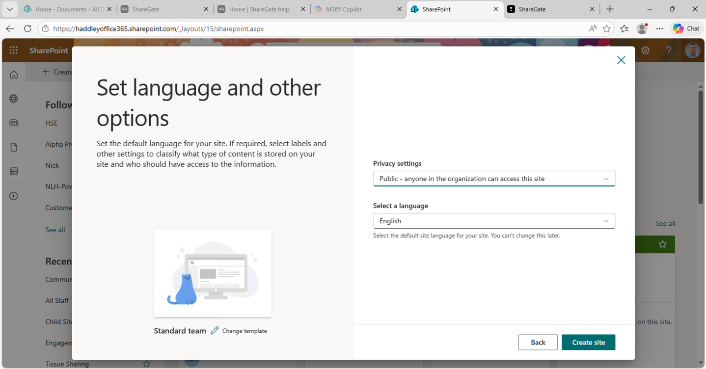 I set the site privacy to Public and left the language as English, then clicked Create site