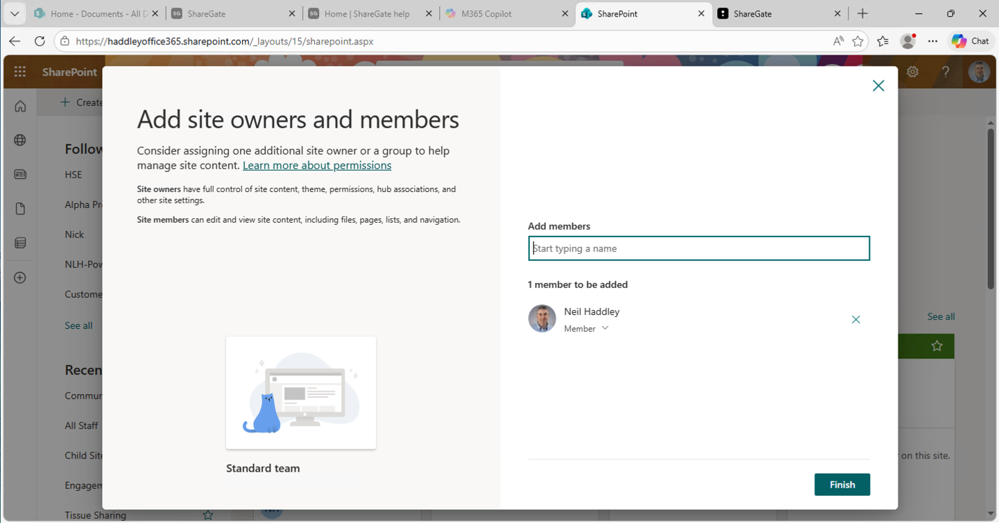 I confirmed Neil Haddley as a member and clicked Finish to provision the site