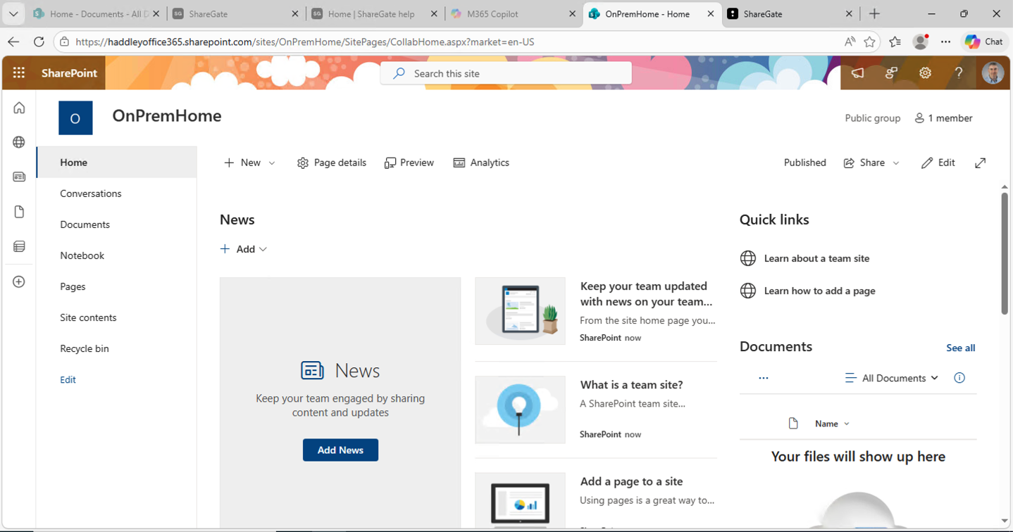 The new OnPremHome team site loaded successfully in SharePoint Online
