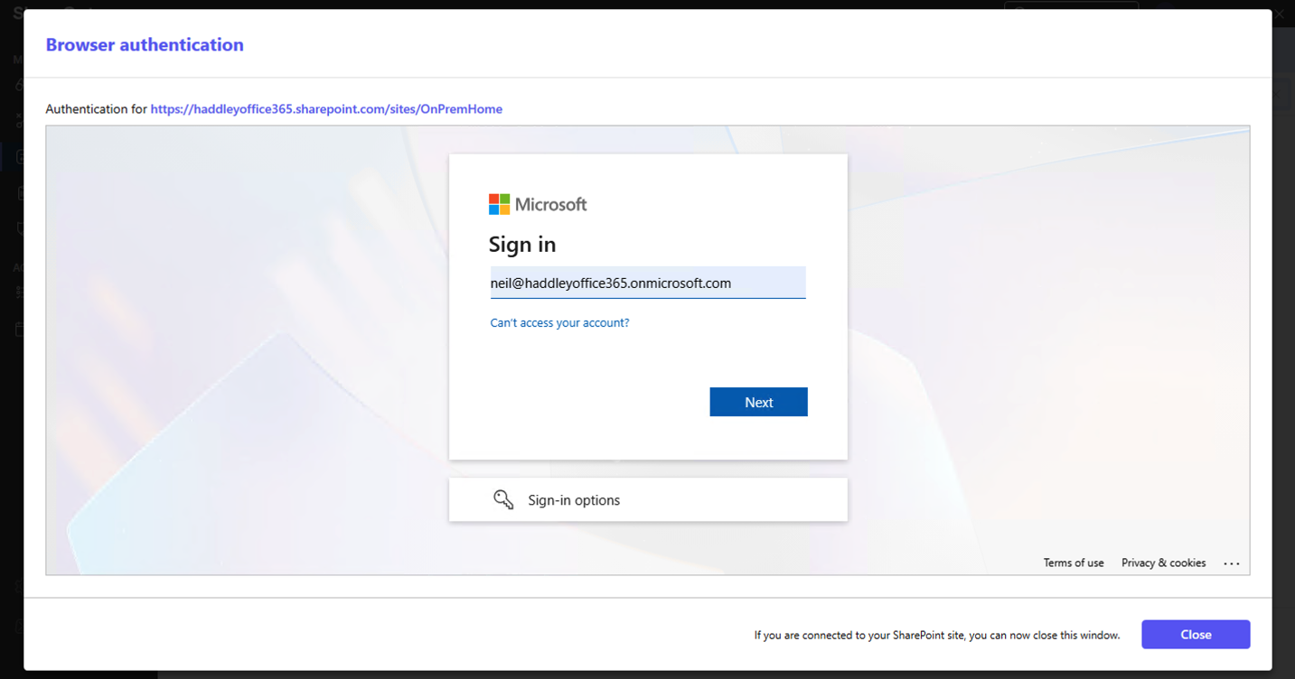 Browser authentication opened again to sign in to the OnPremHome destination site