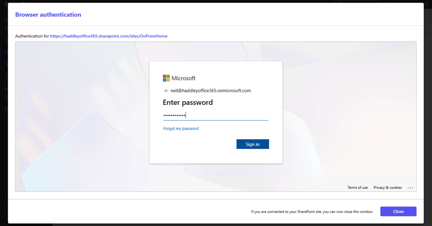 I entered my password to authenticate to the OnPremHome destination site