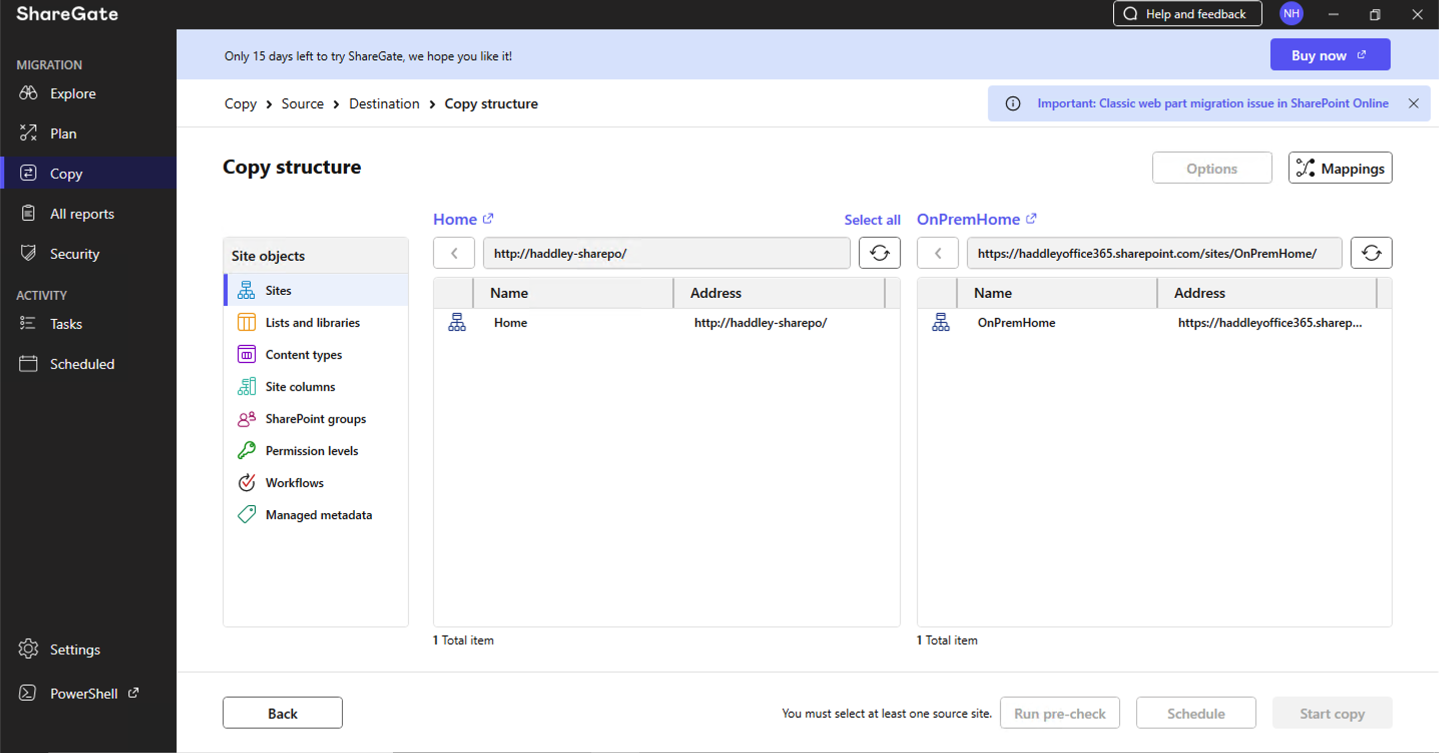 The Copy structure view showed the on-premises Home site on the left and OnPremHome on the right with matching lists and libraries