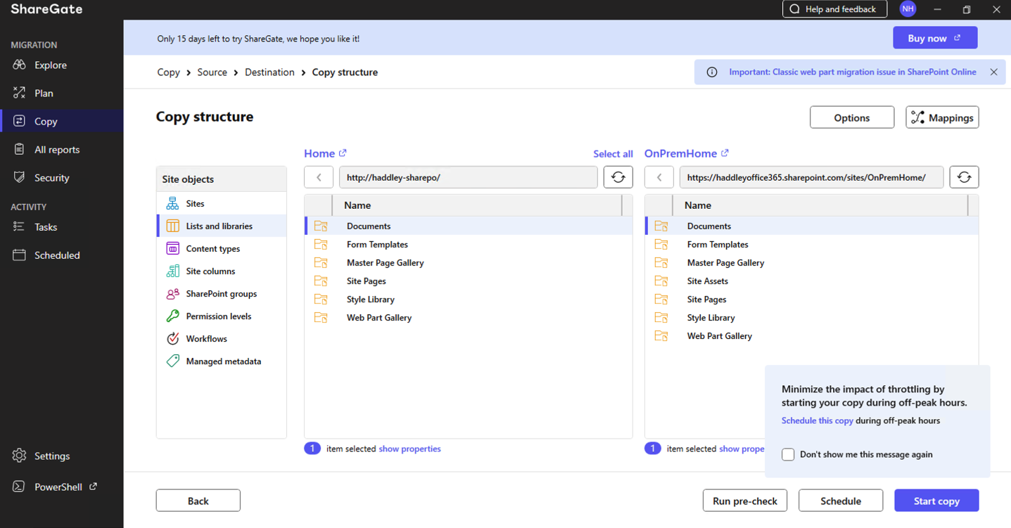 I selected the Documents library on both sides and clicked Start copy, dismissing the off-peak hours suggestion