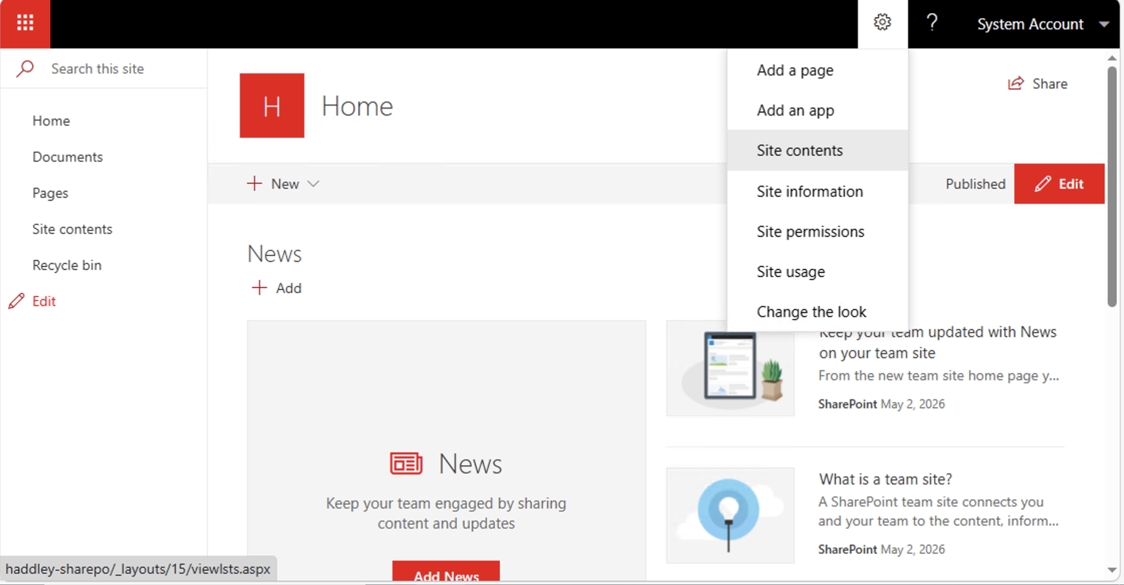 I opened the SharePoint 2019 site and navigated to Site contents from the Settings menu
