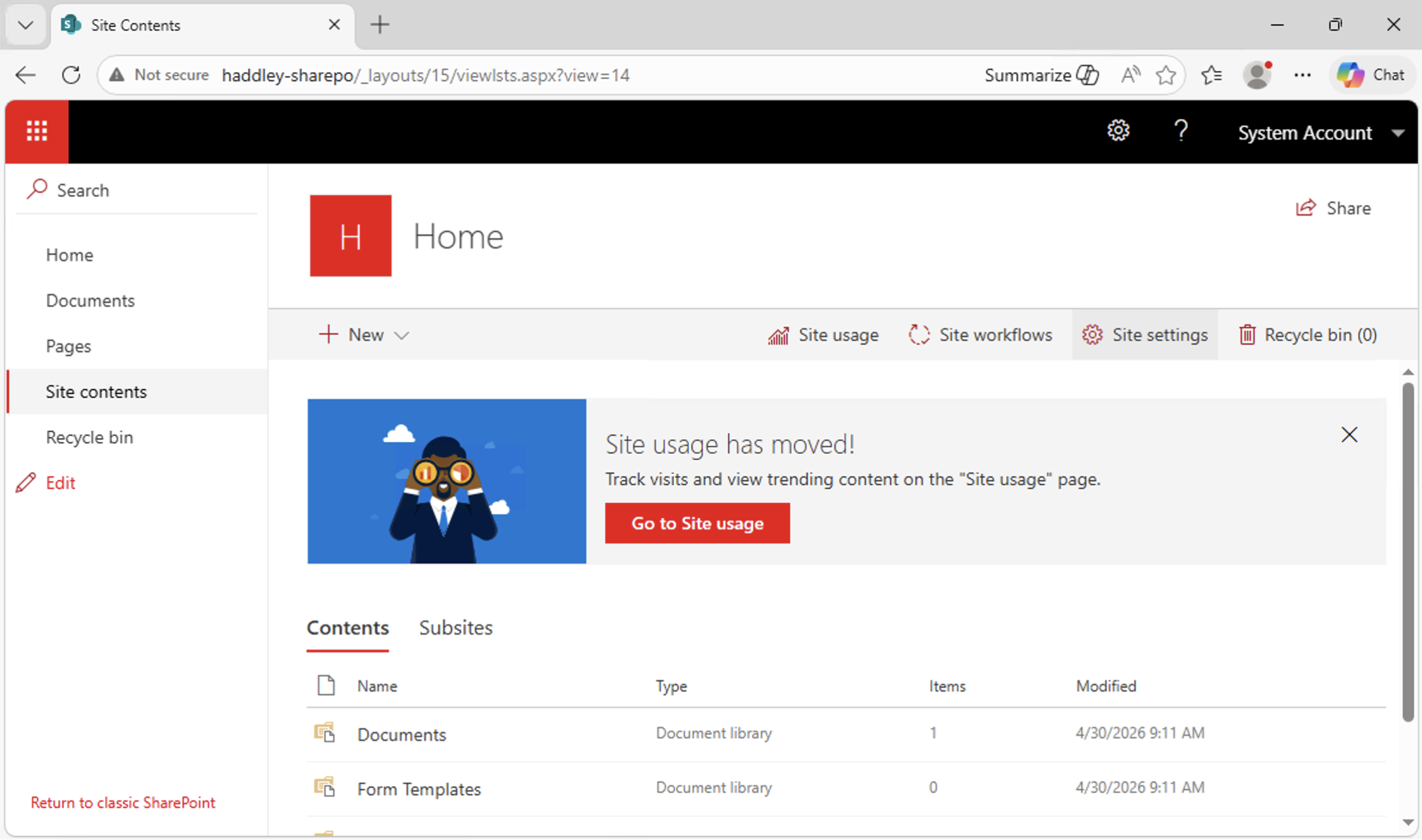 The Site Contents page showed the Documents and Form Templates libraries