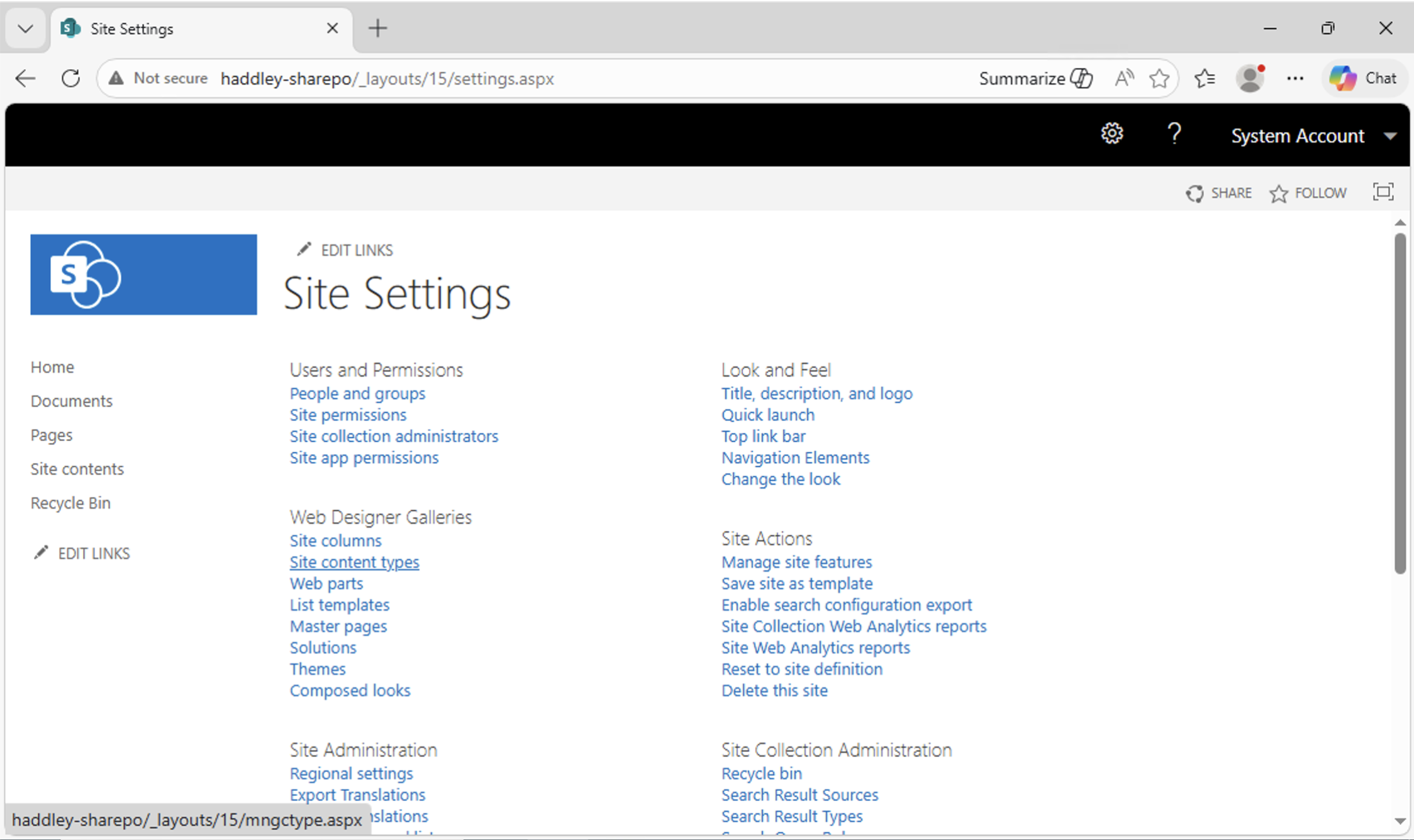 I opened Site Settings from the Settings gear