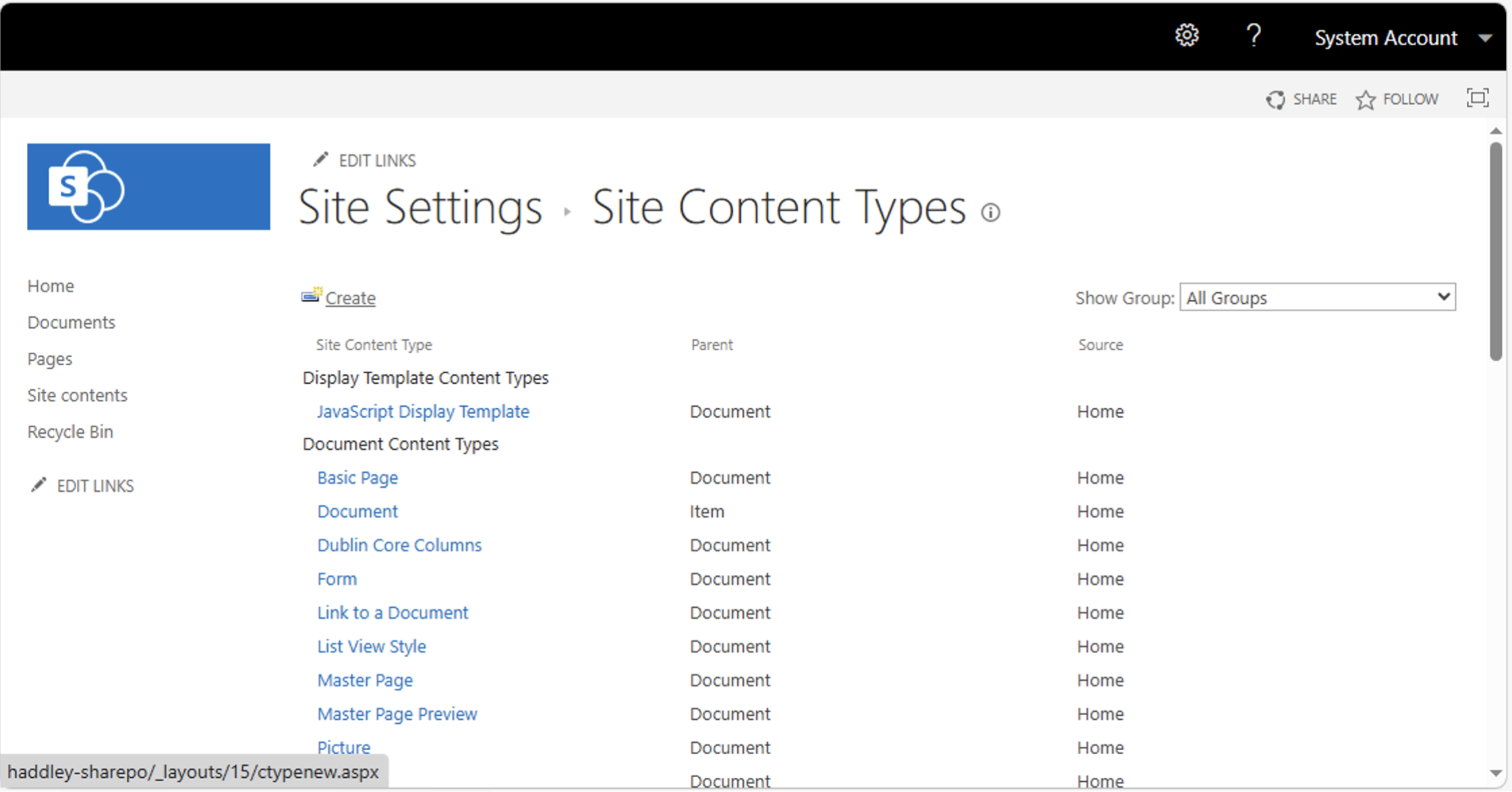 I navigated to Site Content Types to view and manage the existing content types