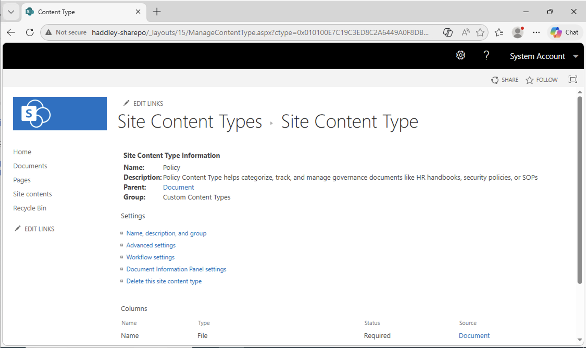 The Policy content type was created with Name and Title columns inherited from Document