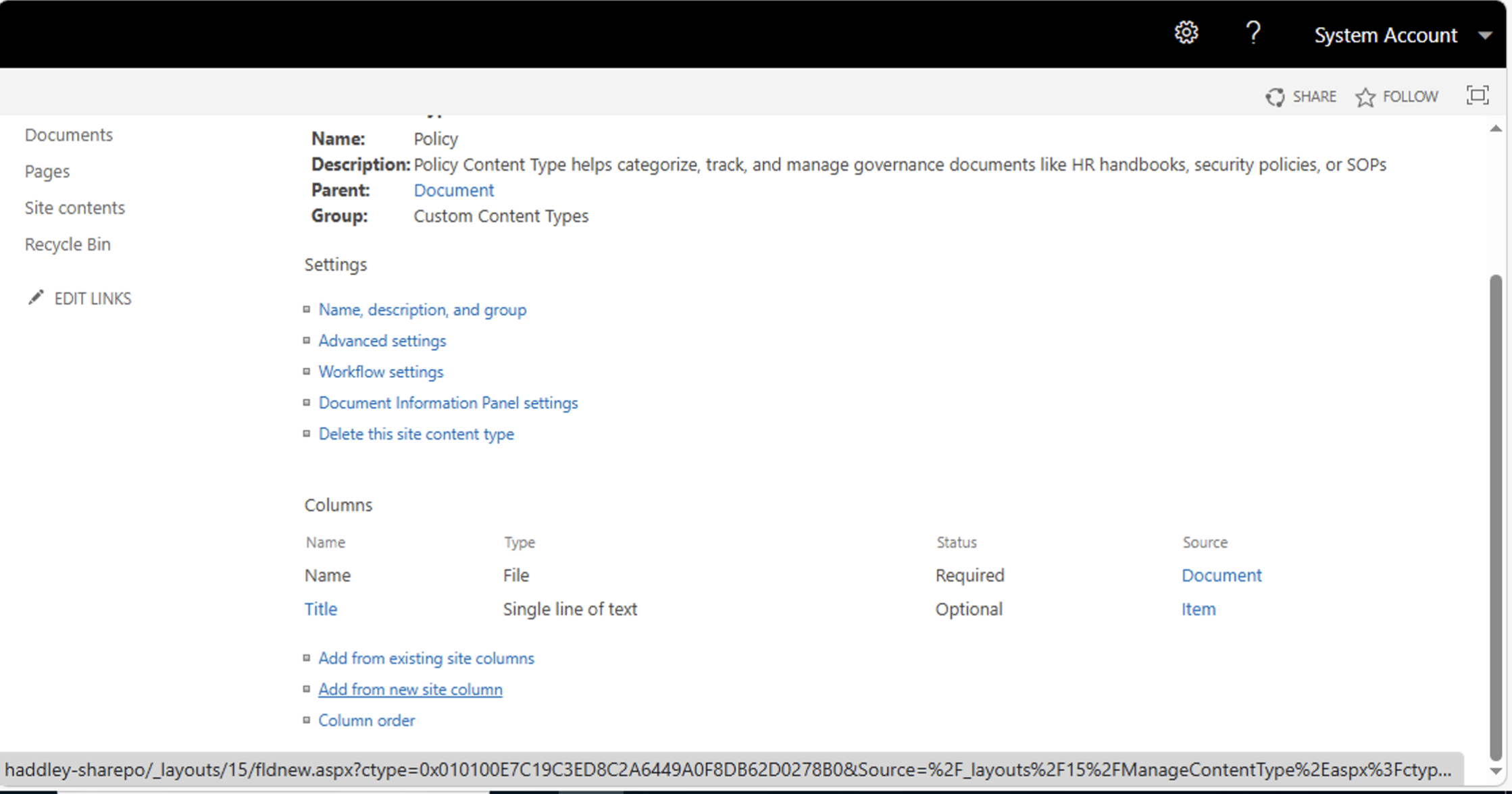 I could see the Policy content type settings and its inherited columns