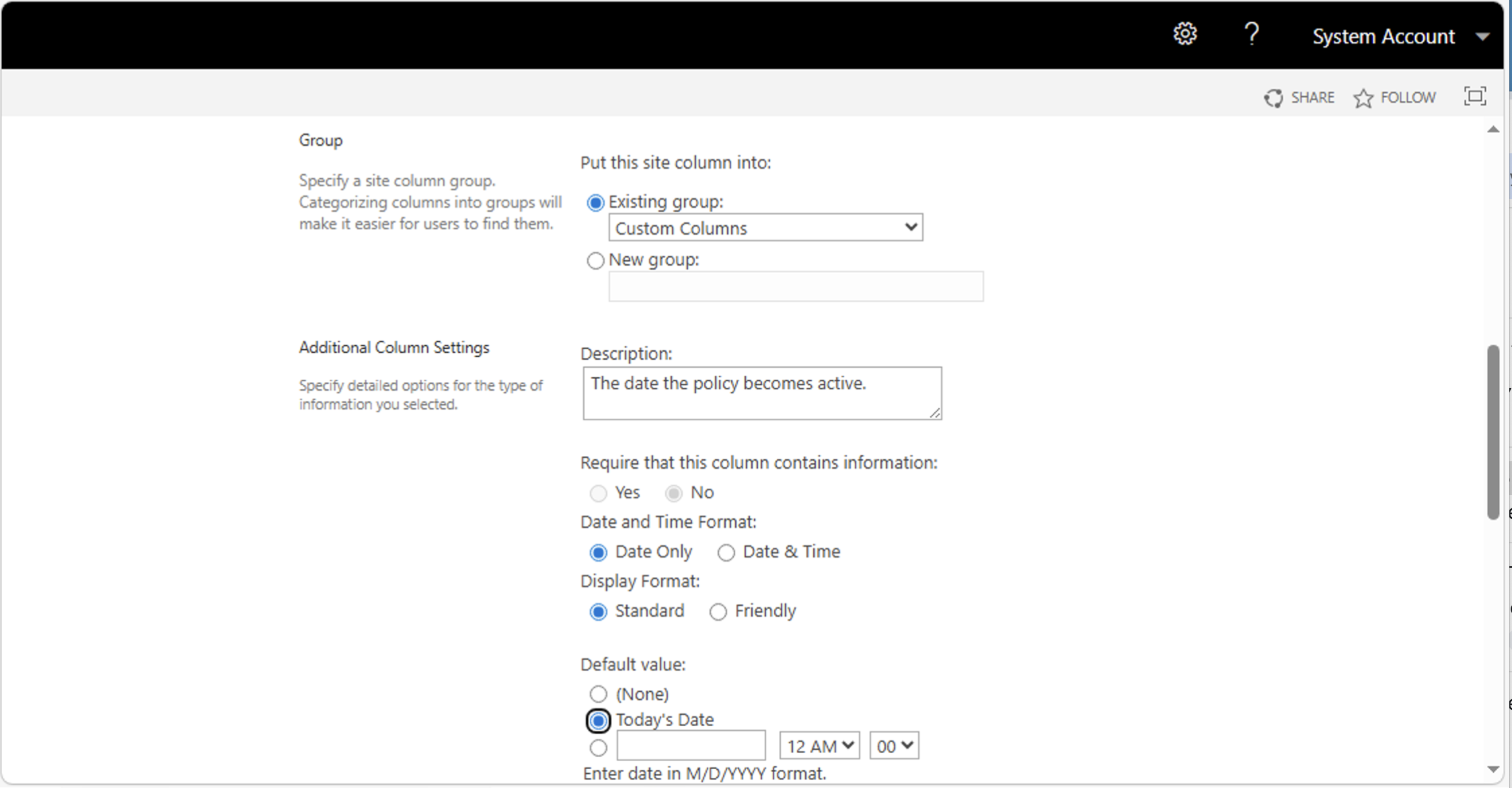 I configured the Effective Date column with a description, Date Only format, and Today's Date as the default value