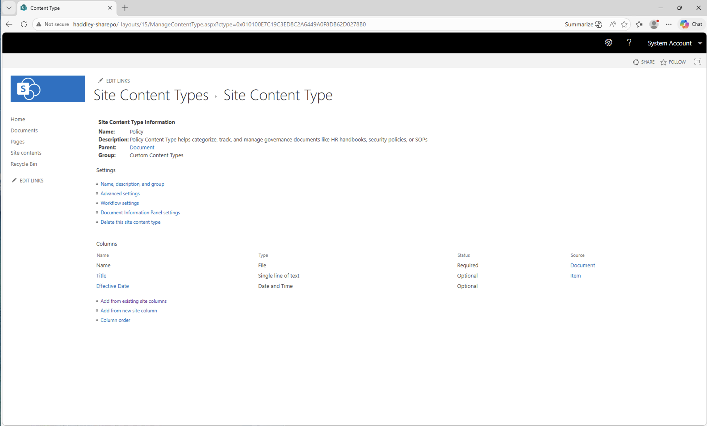 The Policy content type now showed three columns: Name, Title, and Effective Date