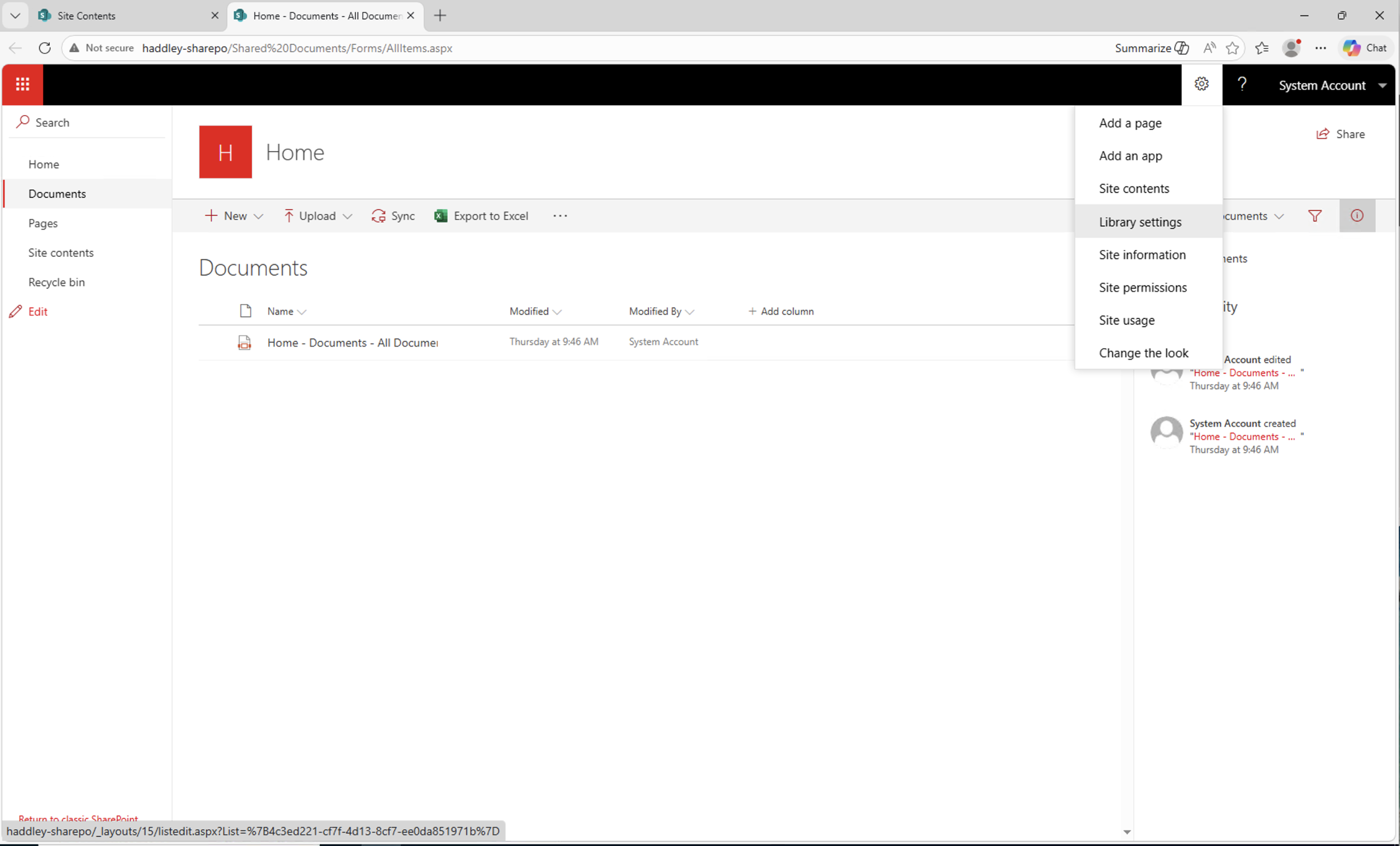 I opened the Documents library and selected Library settings from the Settings menu