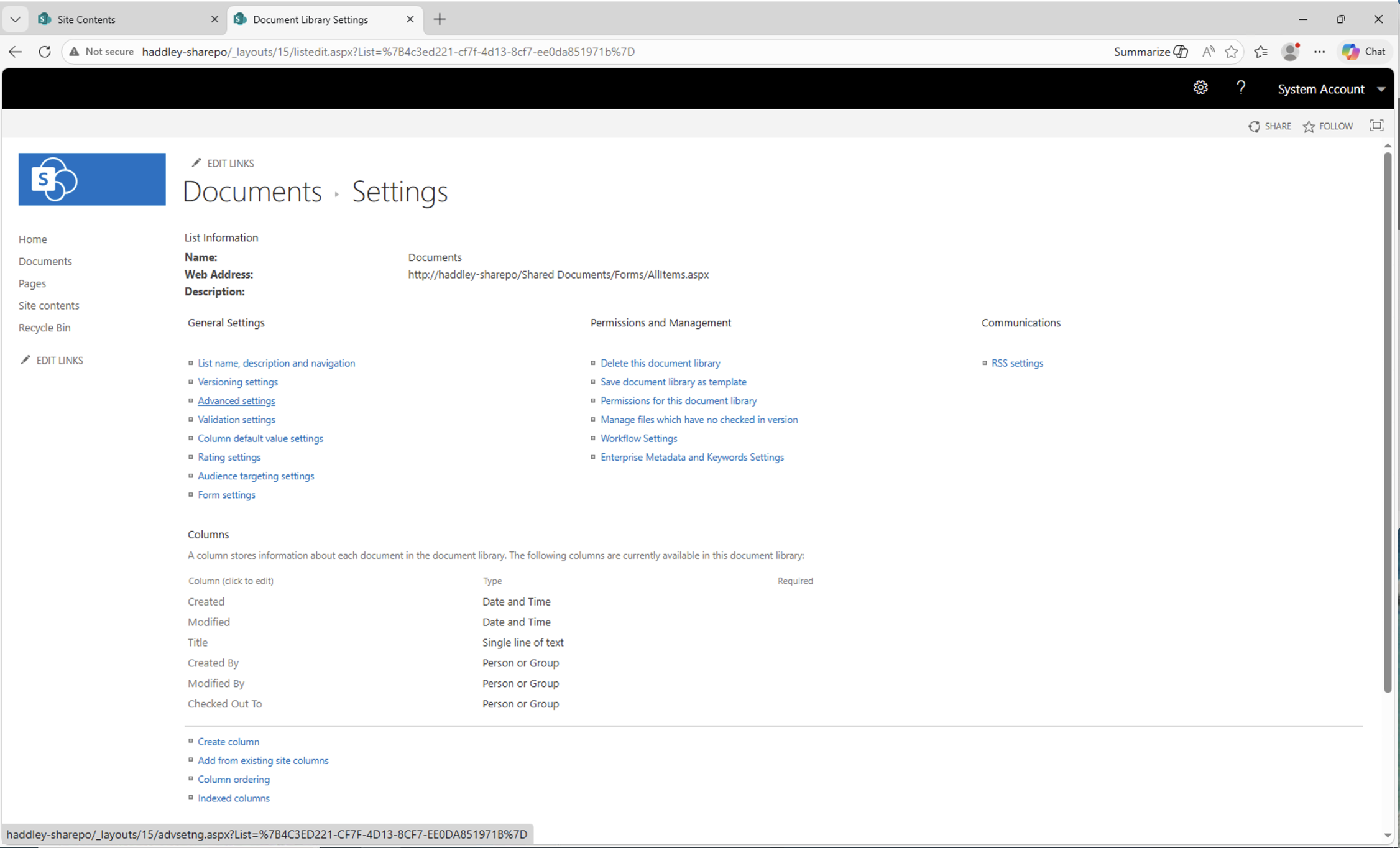 The Documents library settings page opened