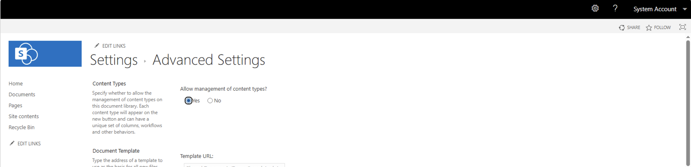 I opened Advanced settings and enabled content type management for the library