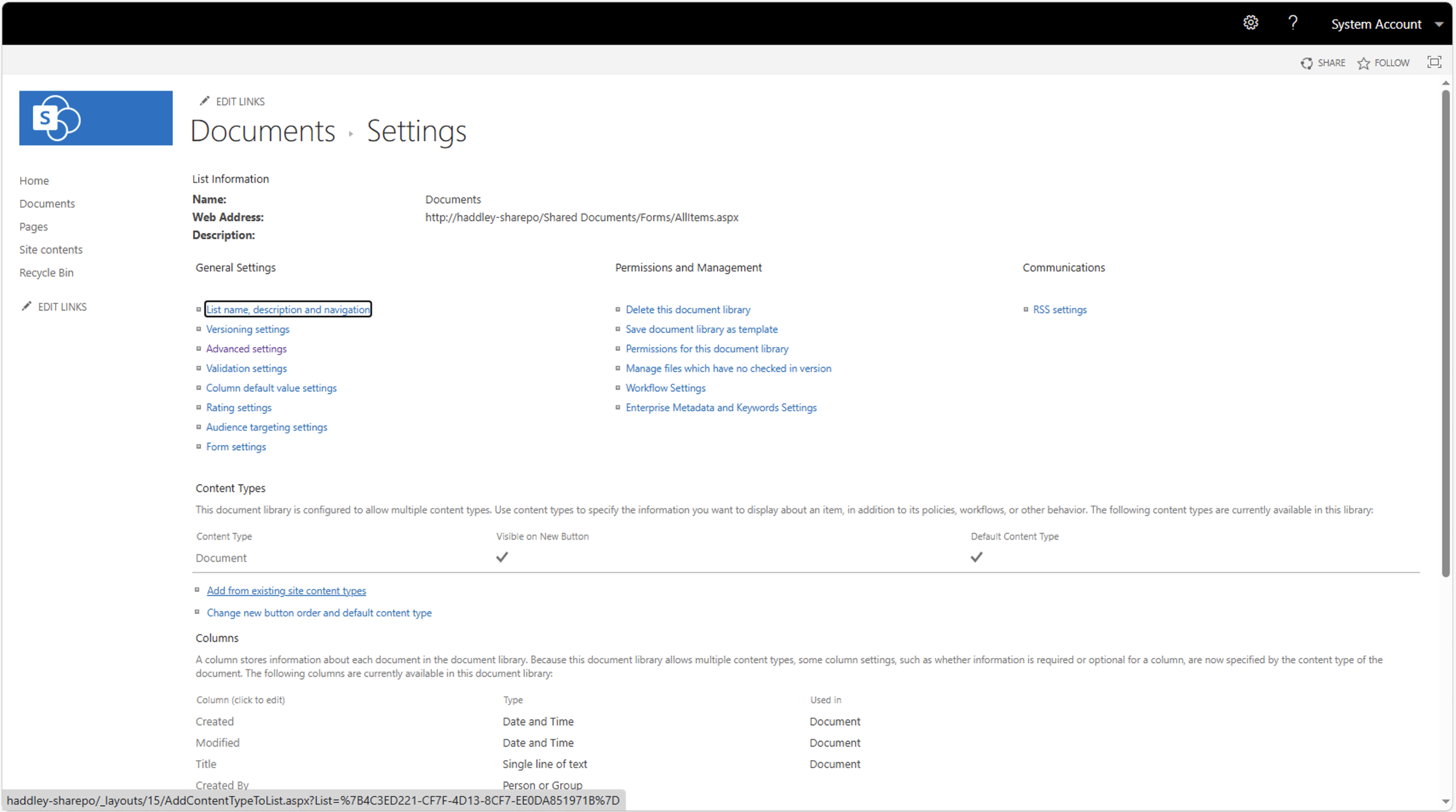 The Documents settings page now showed a Content Types section with an option to add more