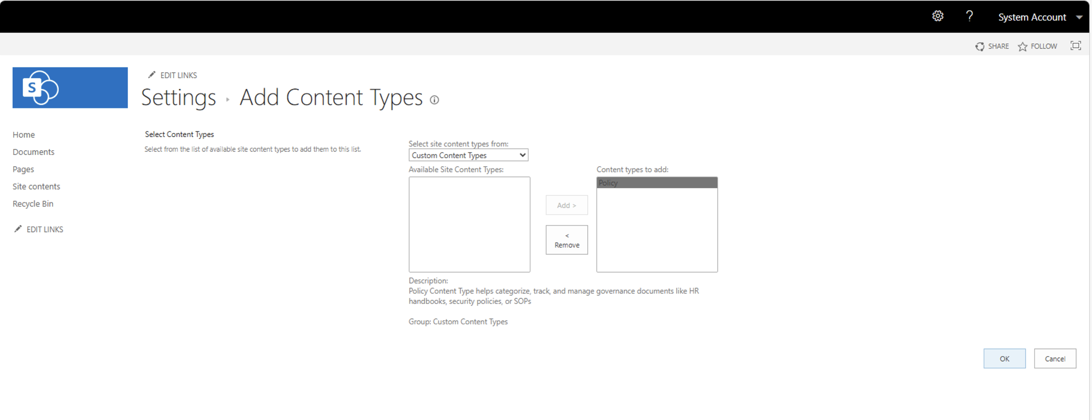 I added the Policy content type to the library