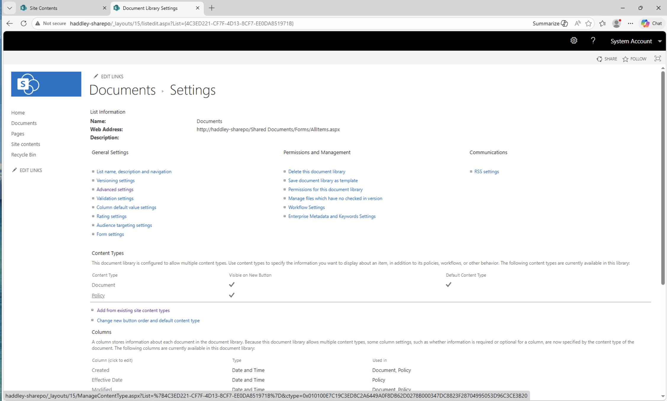 The Documents library now showed both Document and Policy content types available