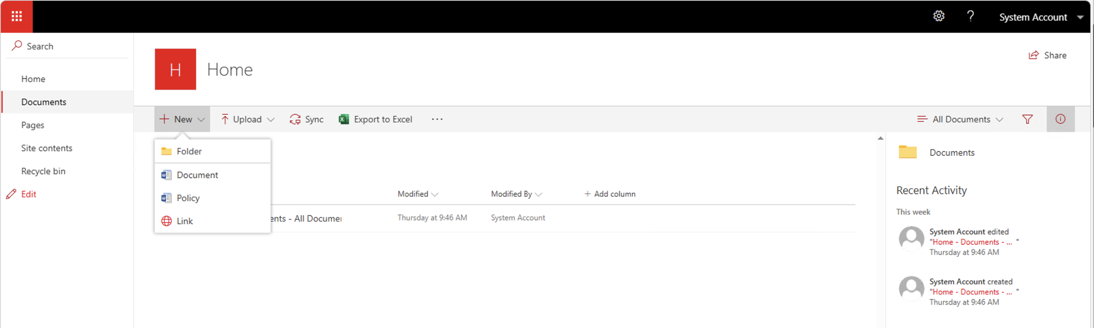 In the modern Documents library, the New button now offered Folder, Document, Policy, and Link options