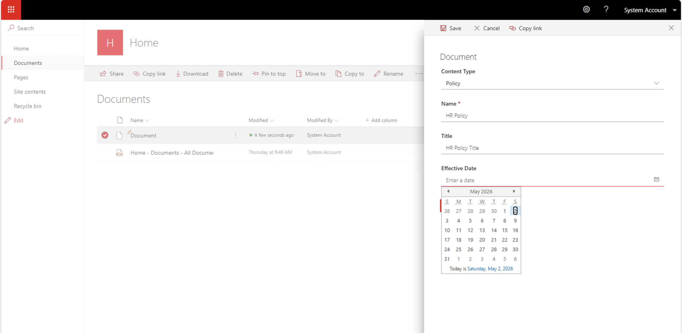 I created a new Policy document called "HR Policy" and filled in the Title and Effective Date fields