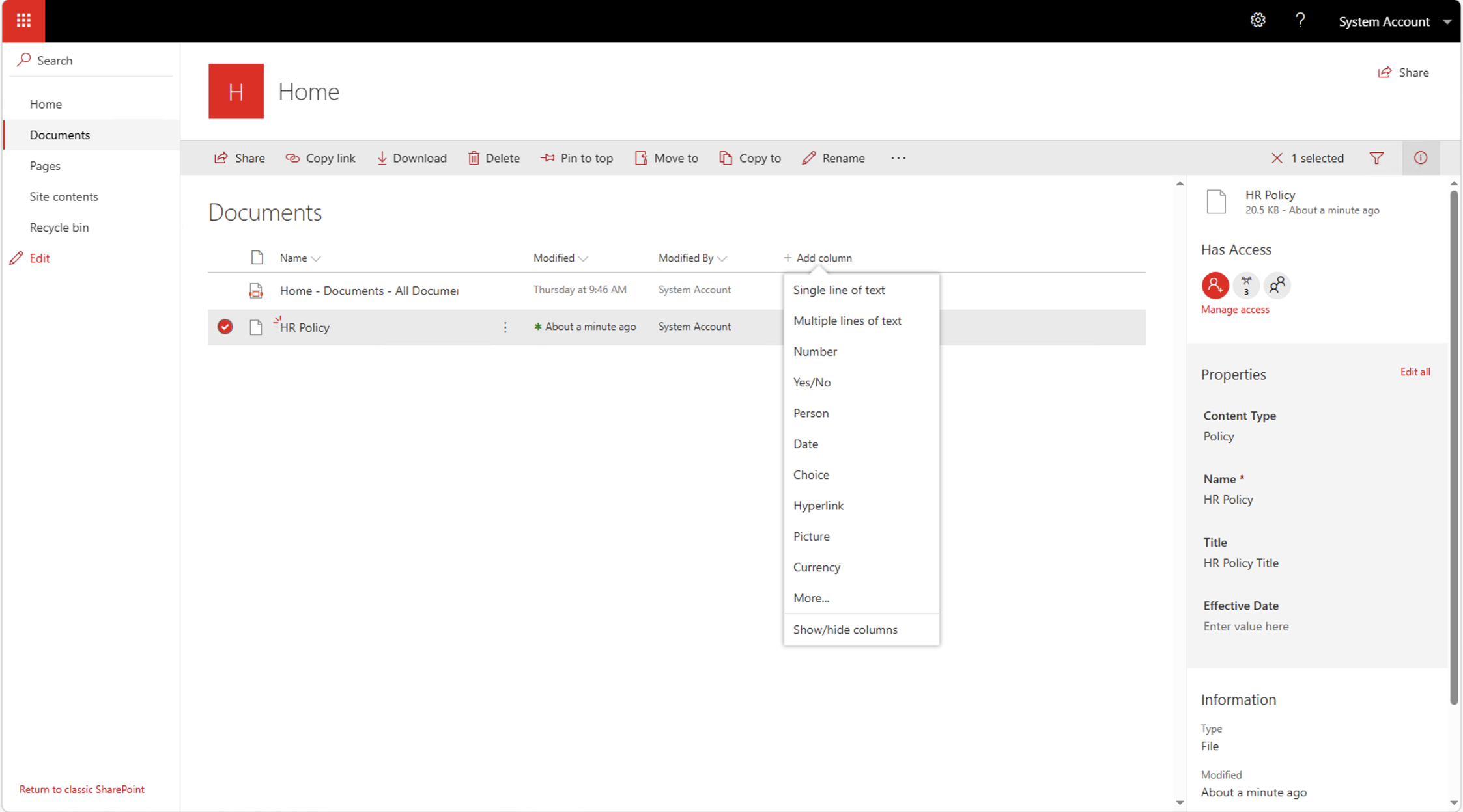 I selected the HR Policy document and used the Add column menu to add the Effective Date column to the view