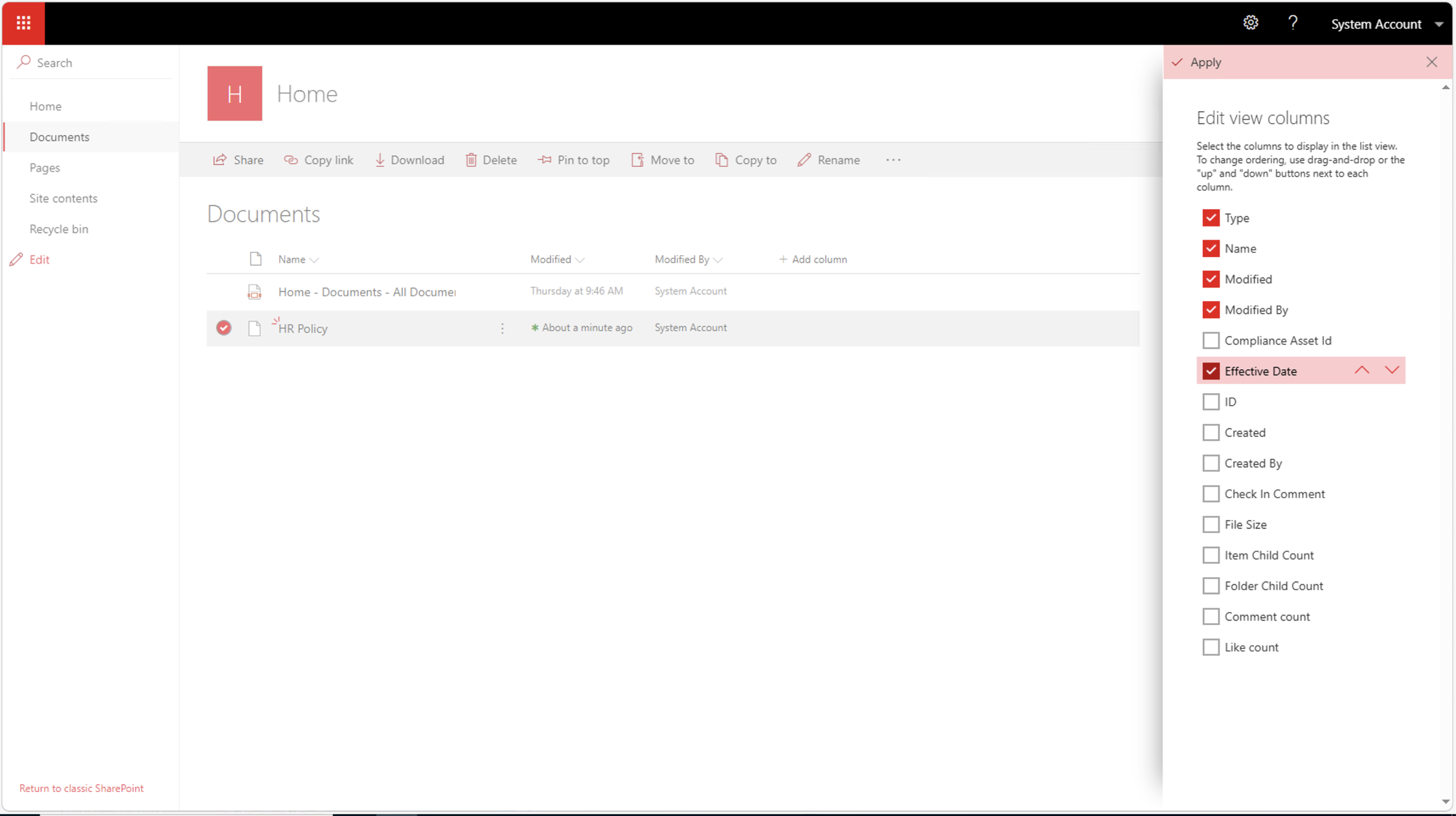 I used the Edit view columns panel to make the Effective Date column visible in the library view