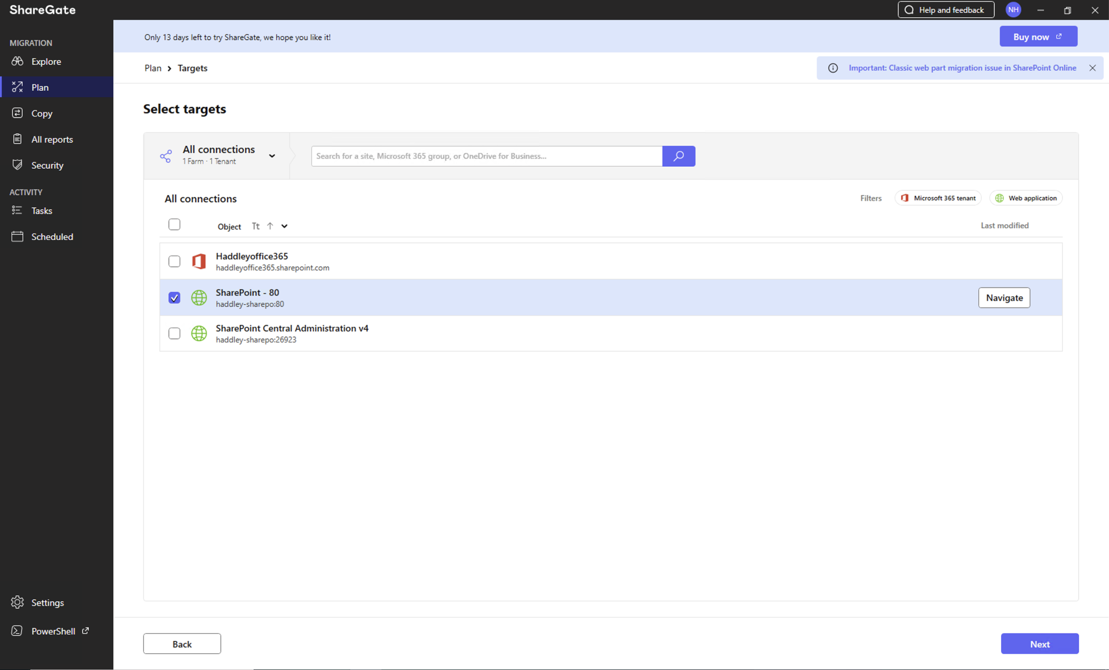I selected SharePoint - 80 as the target for the permissions matrix report