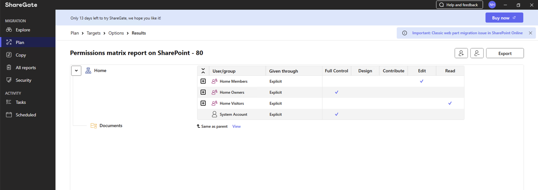 The permissions matrix report showed the Home site's permissions for all users and groups