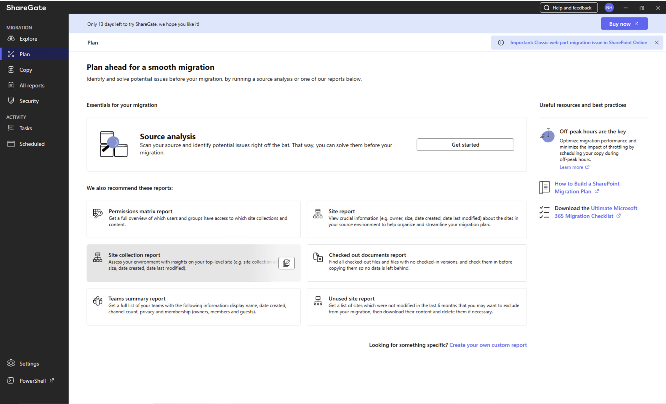 I returned to the ShareGate Plan screen to run the site collection report