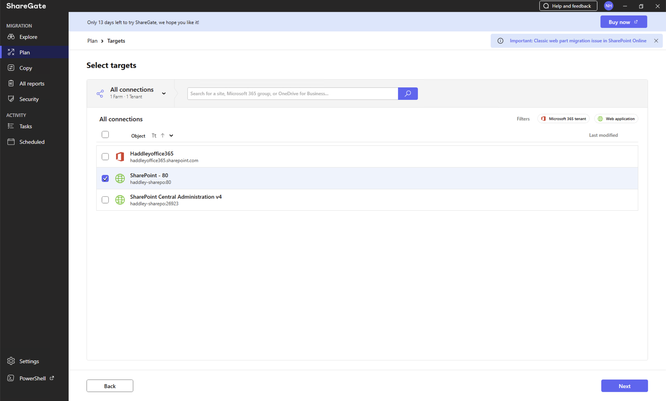 I selected SharePoint - 80 as the target for the site collection report