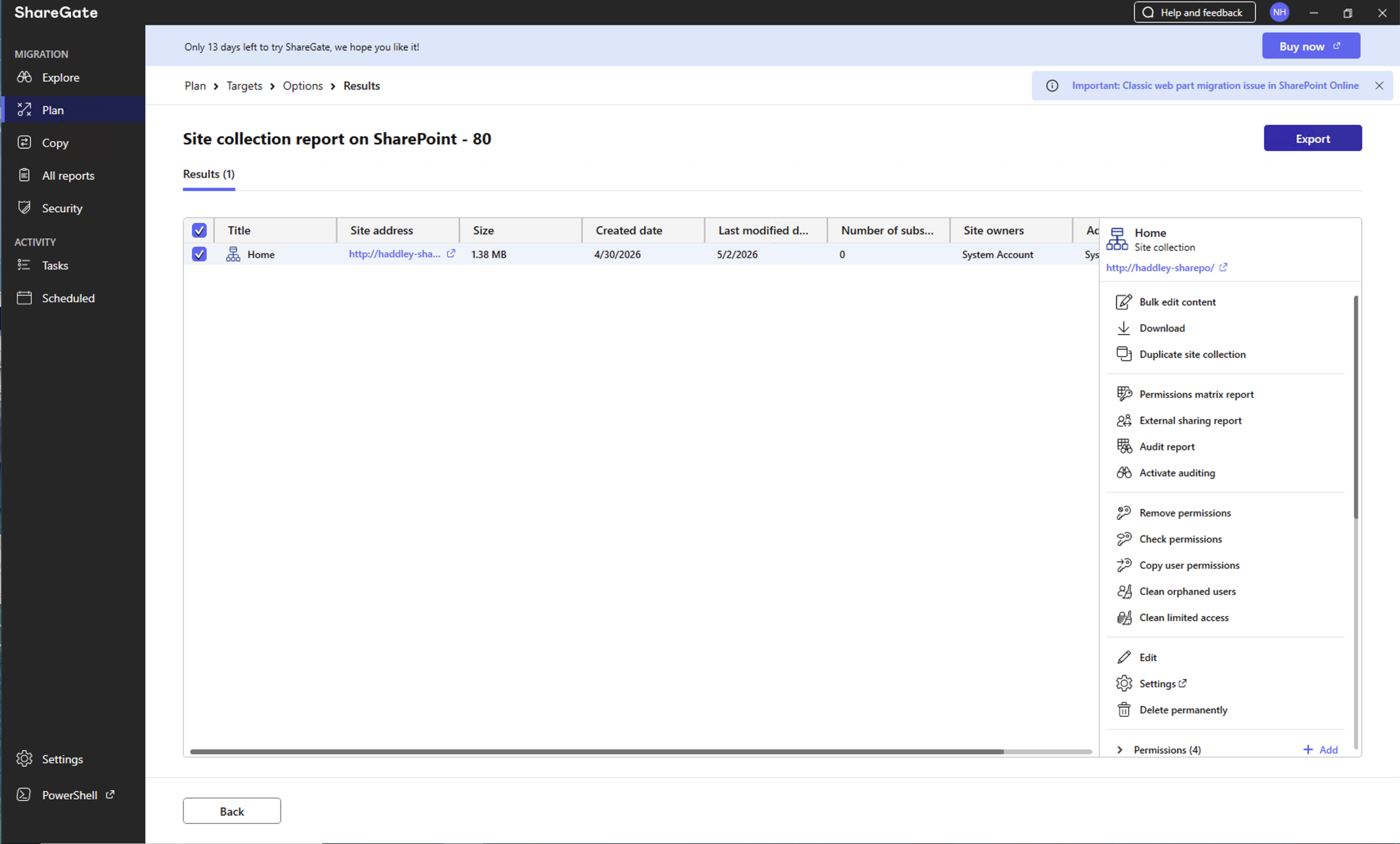 The site collection report showed the Home site with a context menu of available actions