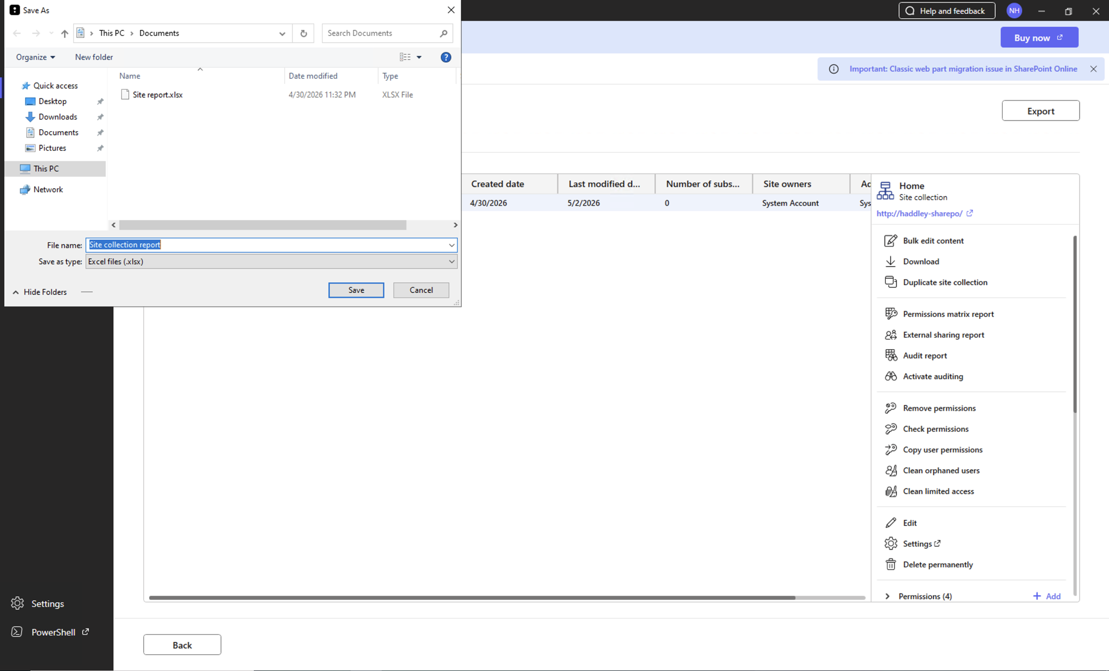 I exported the site collection report to an Excel file