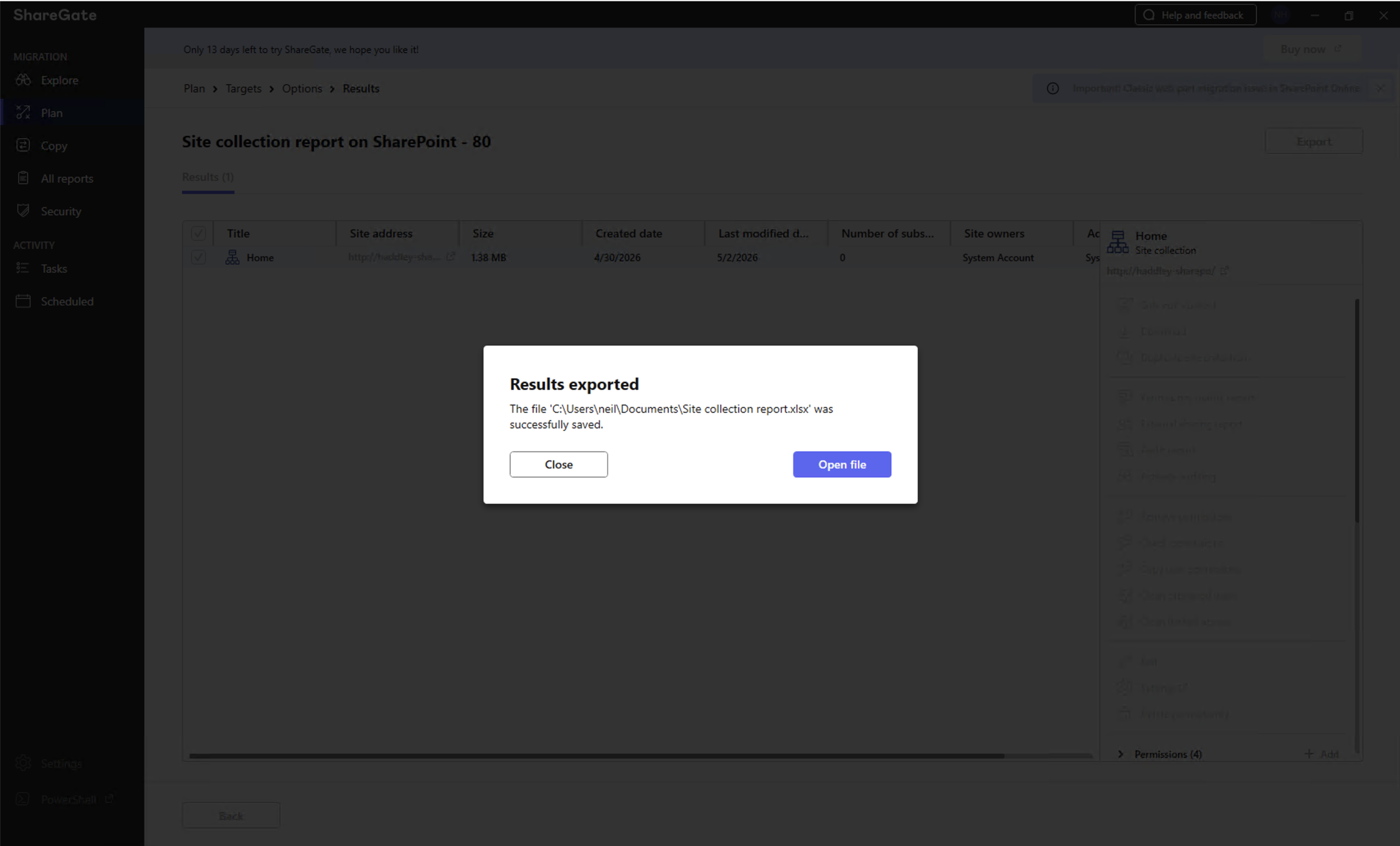 A confirmation dialog showed the report was successfully saved to Documents