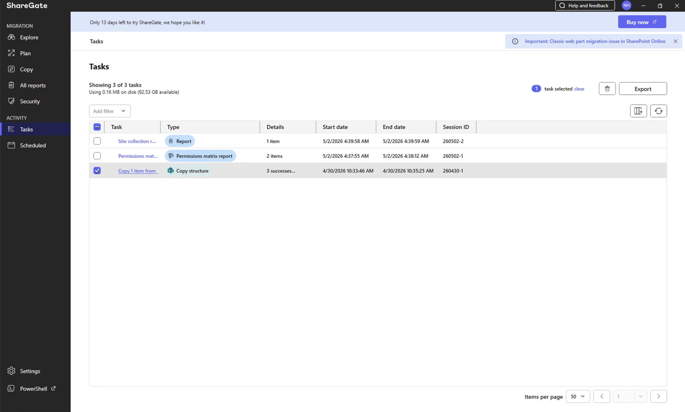The ShareGate Tasks page showed the completed site collection and permissions reports alongside the previous copy task