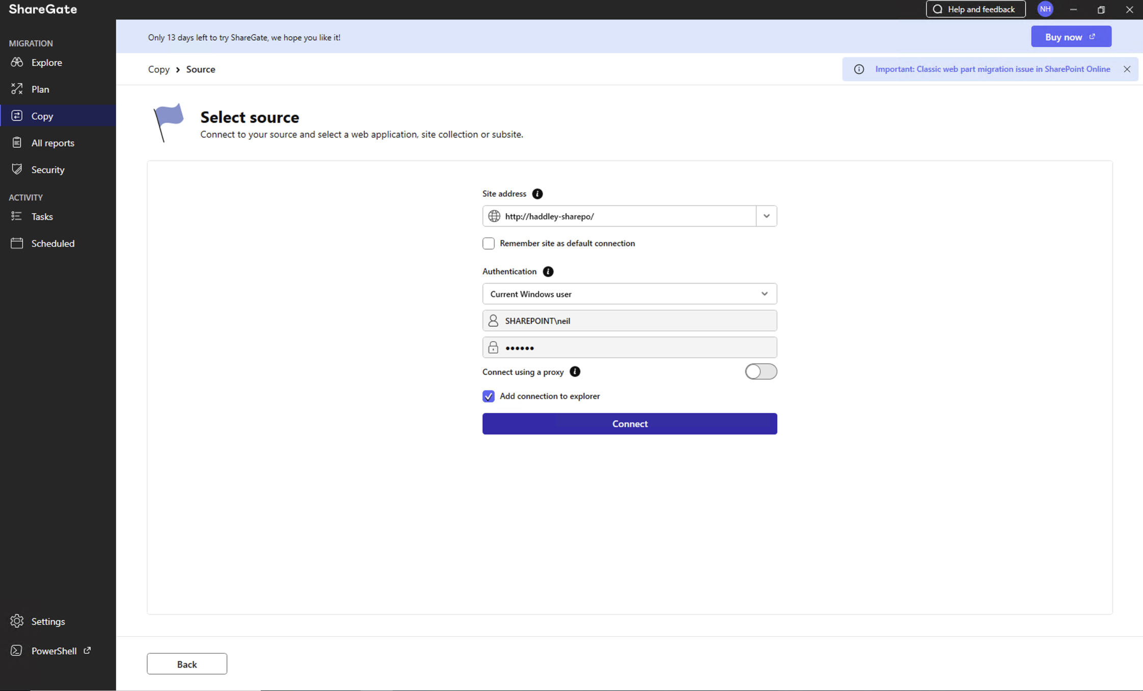 I switched to the Copy section and connected to the on-premises SharePoint source using Windows authentication