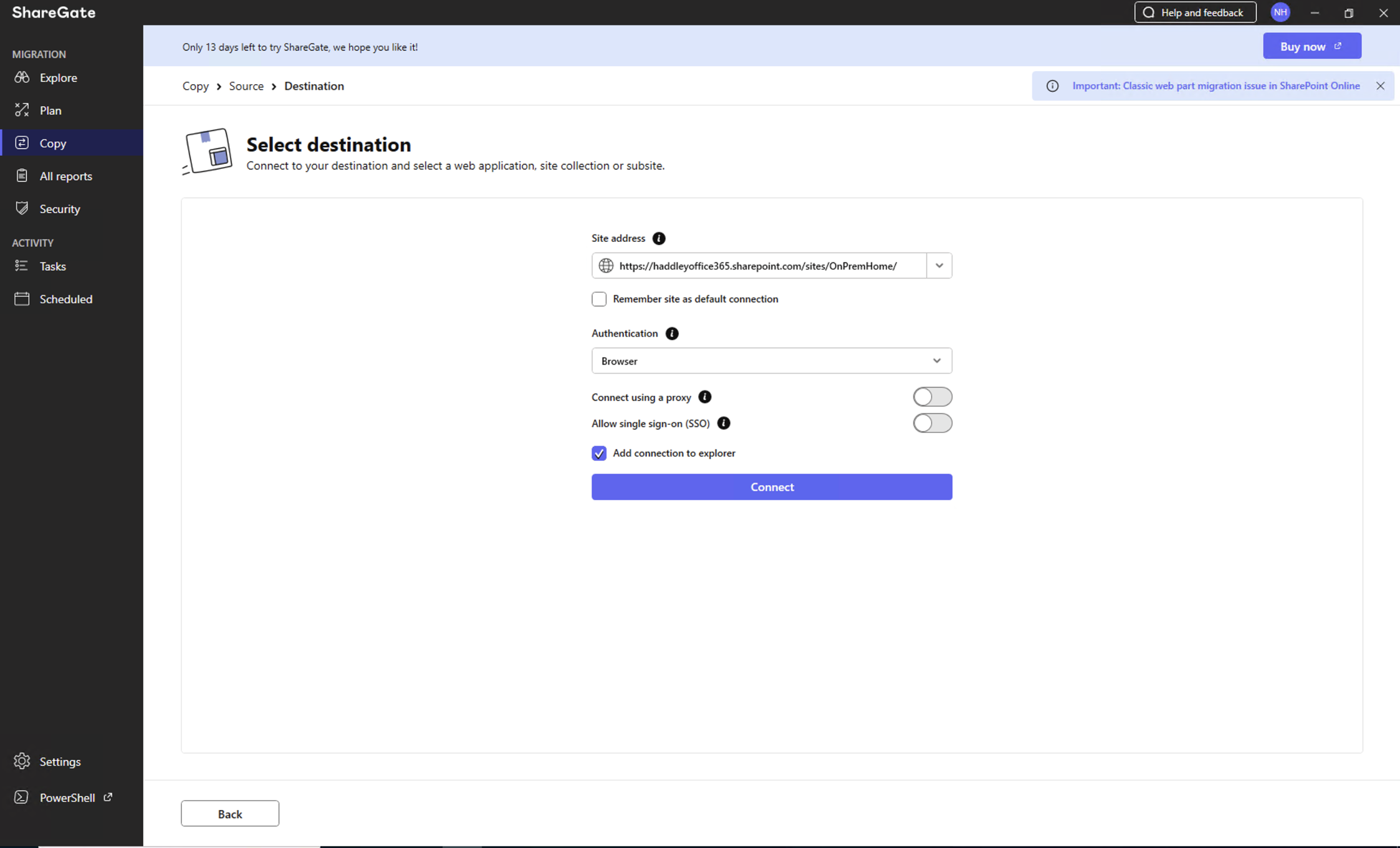 I entered the SharePoint Online destination URL and chose Browser authentication to connect