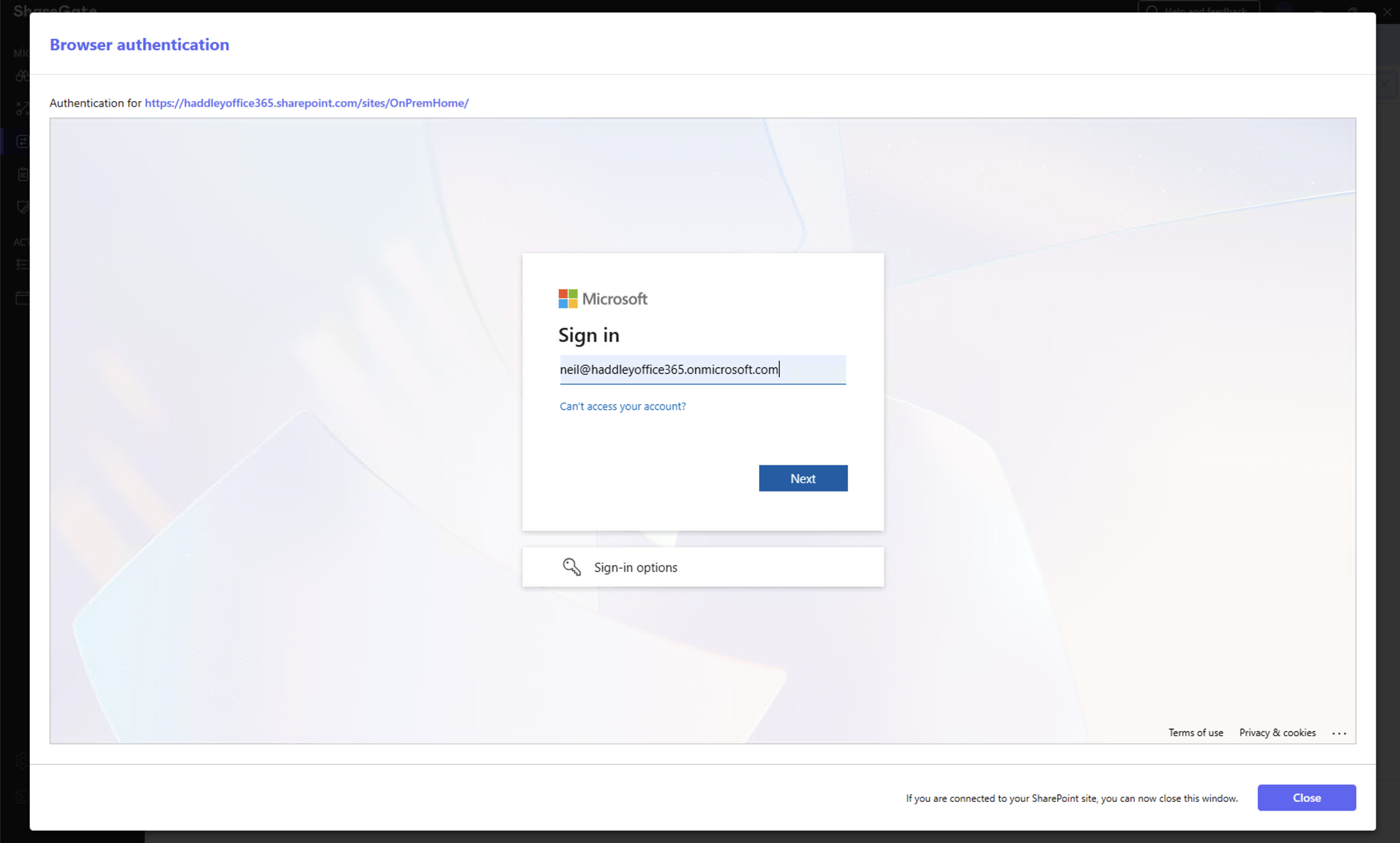 The Microsoft sign-in dialog appeared for browser authentication to SharePoint Online
