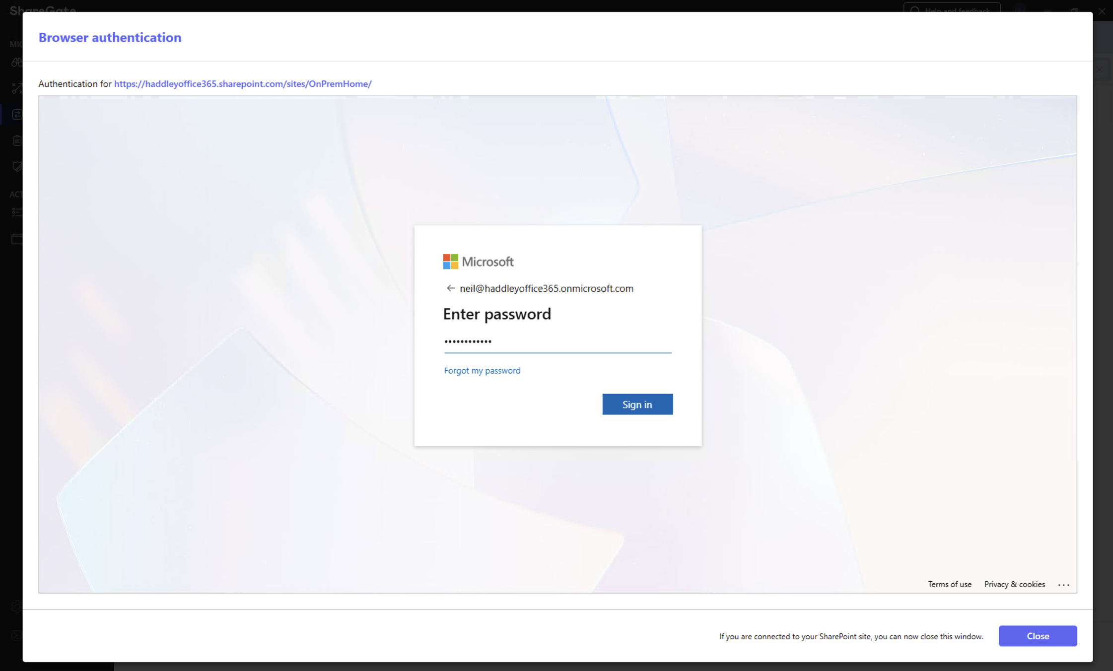 I entered my password to sign in to the SharePoint Online tenant