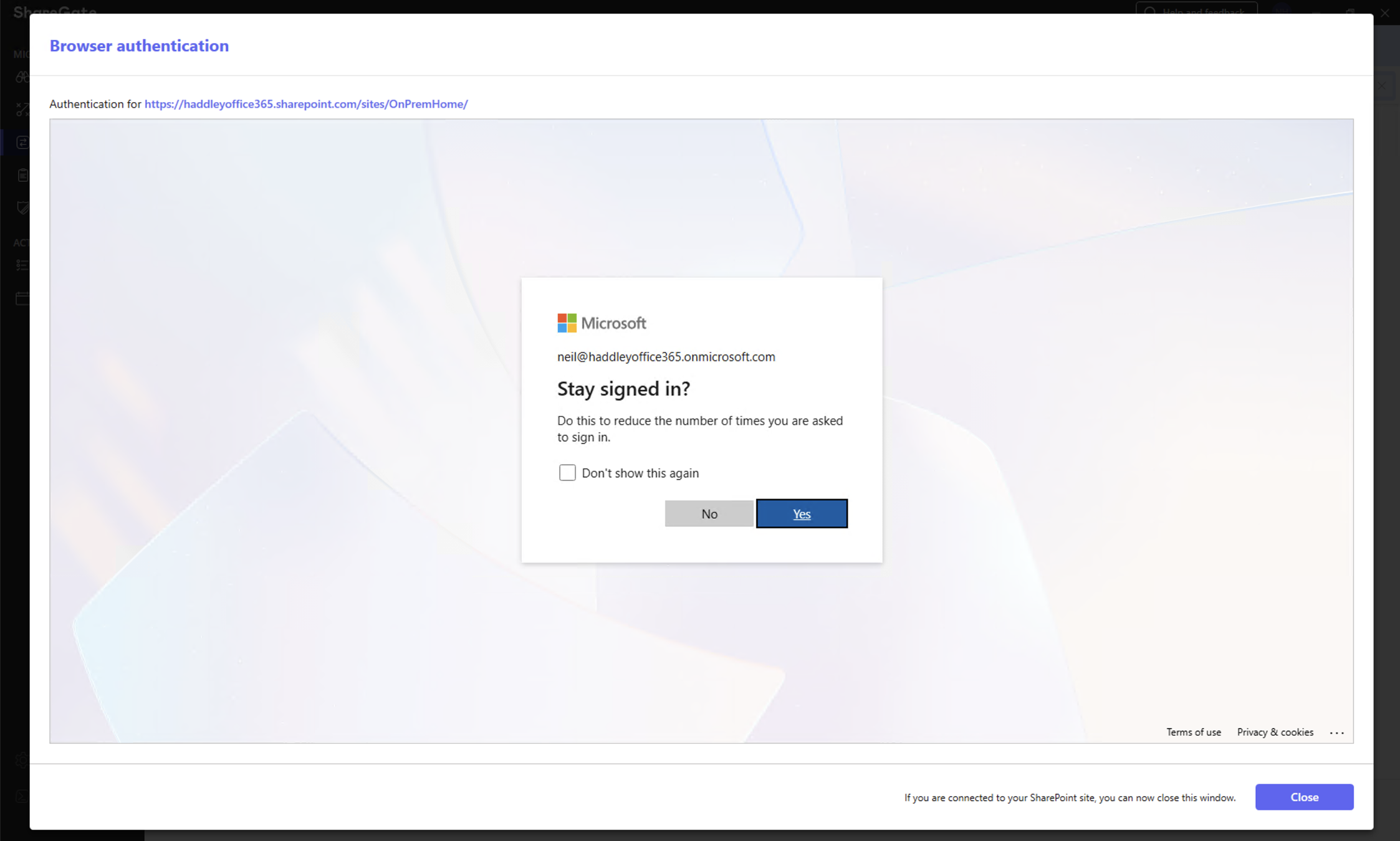 I was prompted to stay signed in and clicked Yes