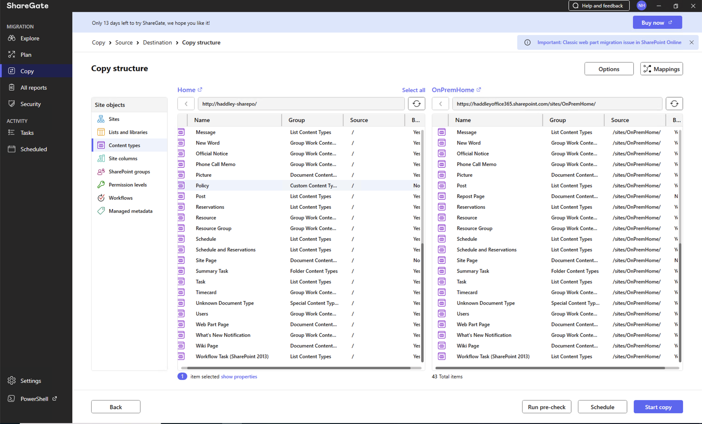 The Copy structure screen showed a side-by-side comparison of content types, lists, and libraries between source and destination