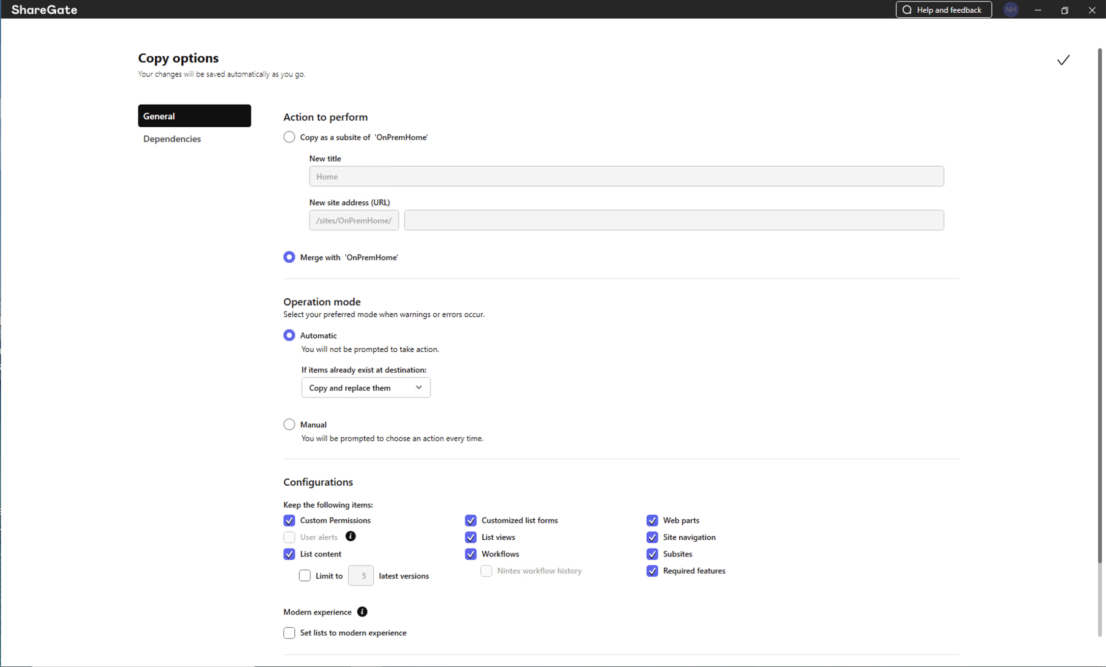 I configured the copy options to merge with OnPremHome in Automatic mode, keeping custom permissions, list content, workflows, and other settings