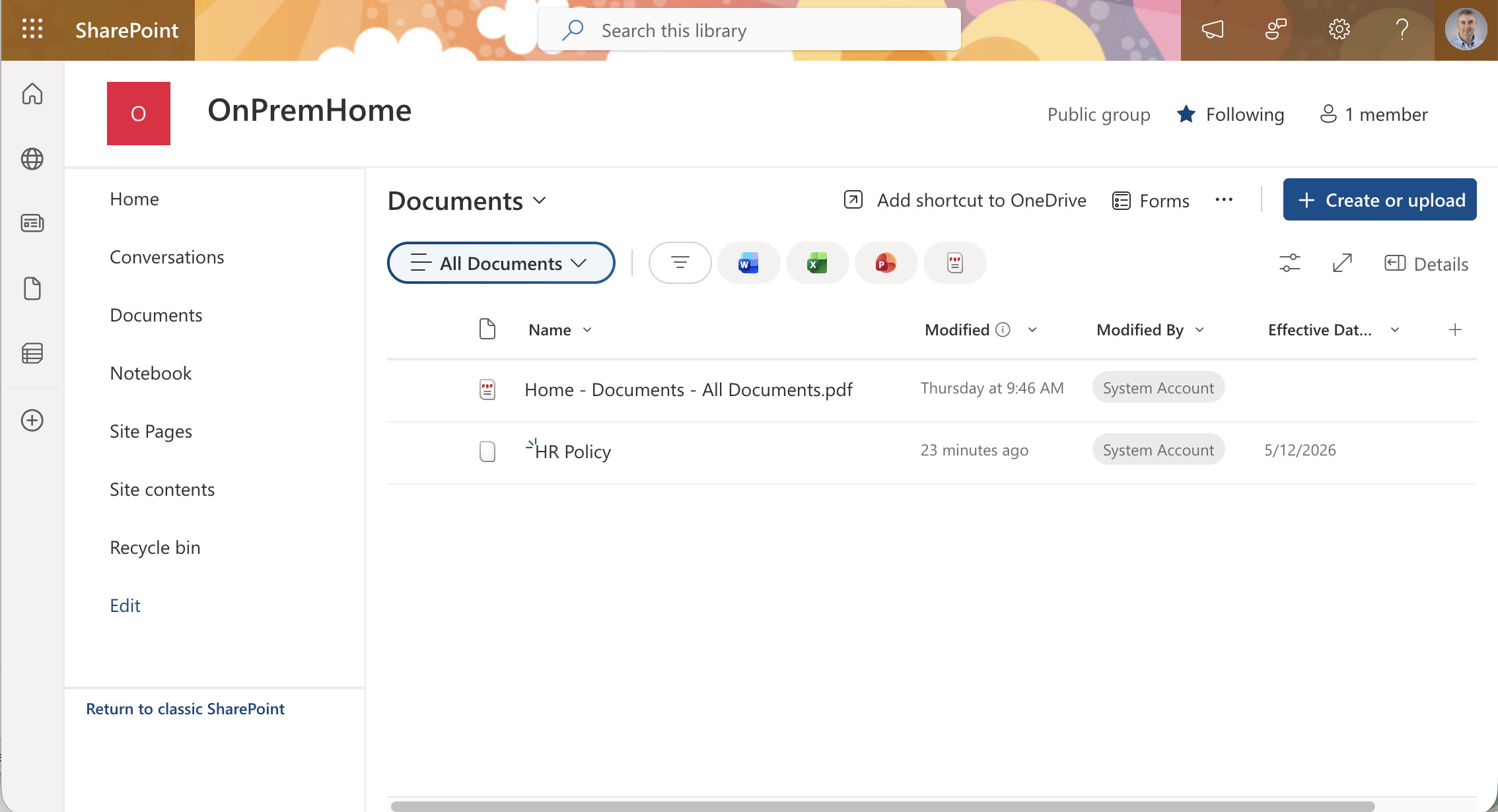 I opened the OnPremHome site in SharePoint Online and saw the migrated HR Policy document with the Effective Date column