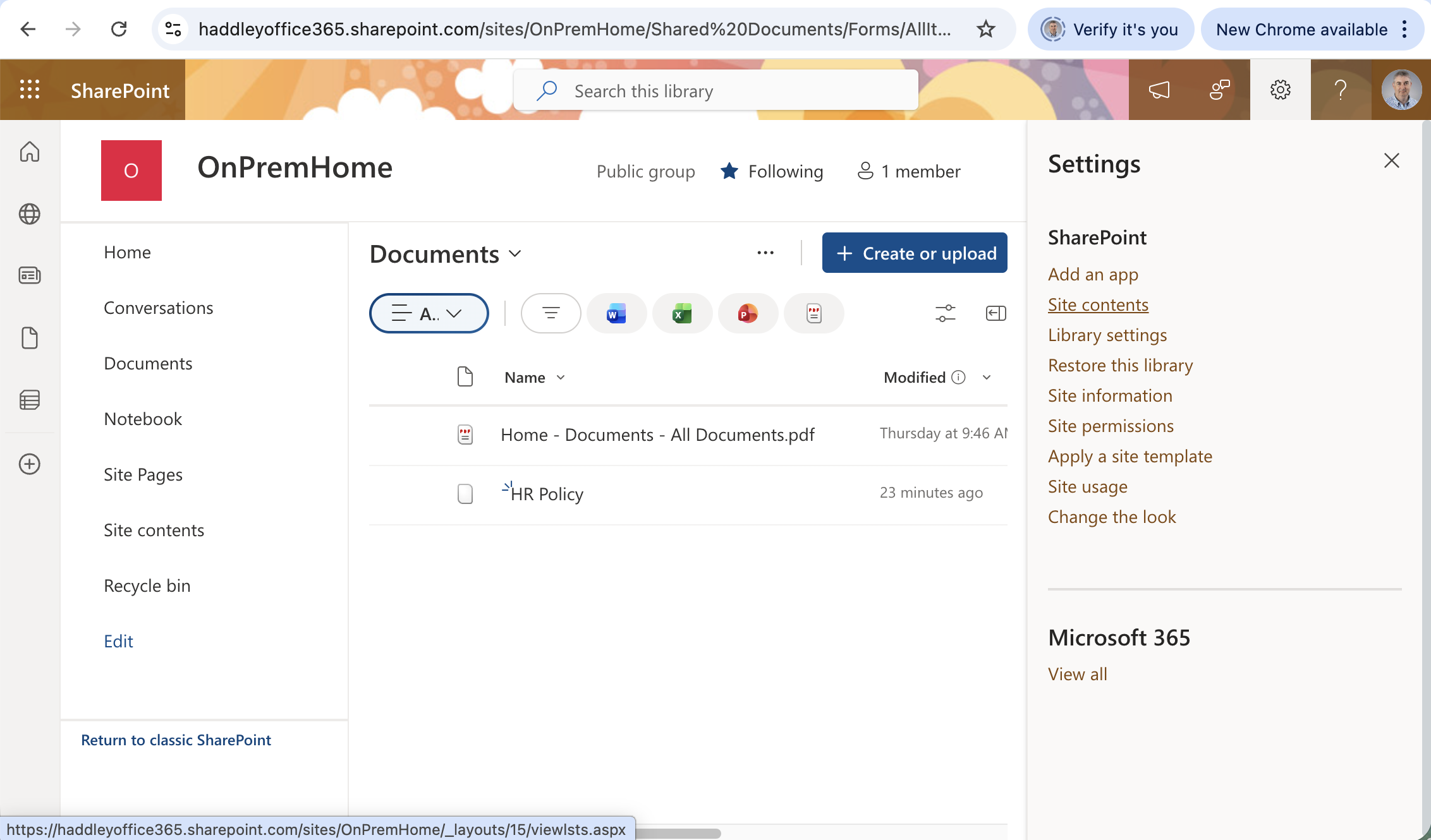 I opened the Settings panel on the OnPremHome Documents library in SharePoint Online